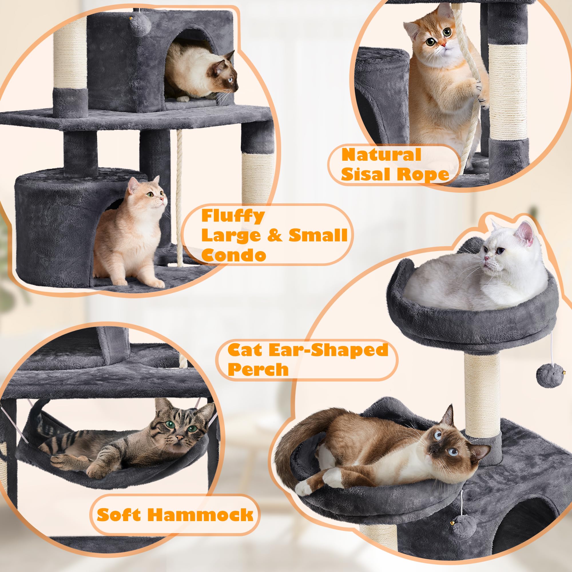 Yaheetech 158cm Multi-level Cat Tree Tower Large Kitten Scratching Posts with Condos/Perches/Hammock Broad-space Kitten Activity Centre, Dark Grey