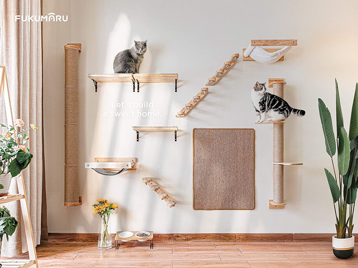 Fukumaru Cat Hammock - Wall Mounted Kitty Bed & Perch, Wooden Cat Wall Furniture, Stable Shelves for Sleeping, Playing, Climbing, Lounging - White Flannel