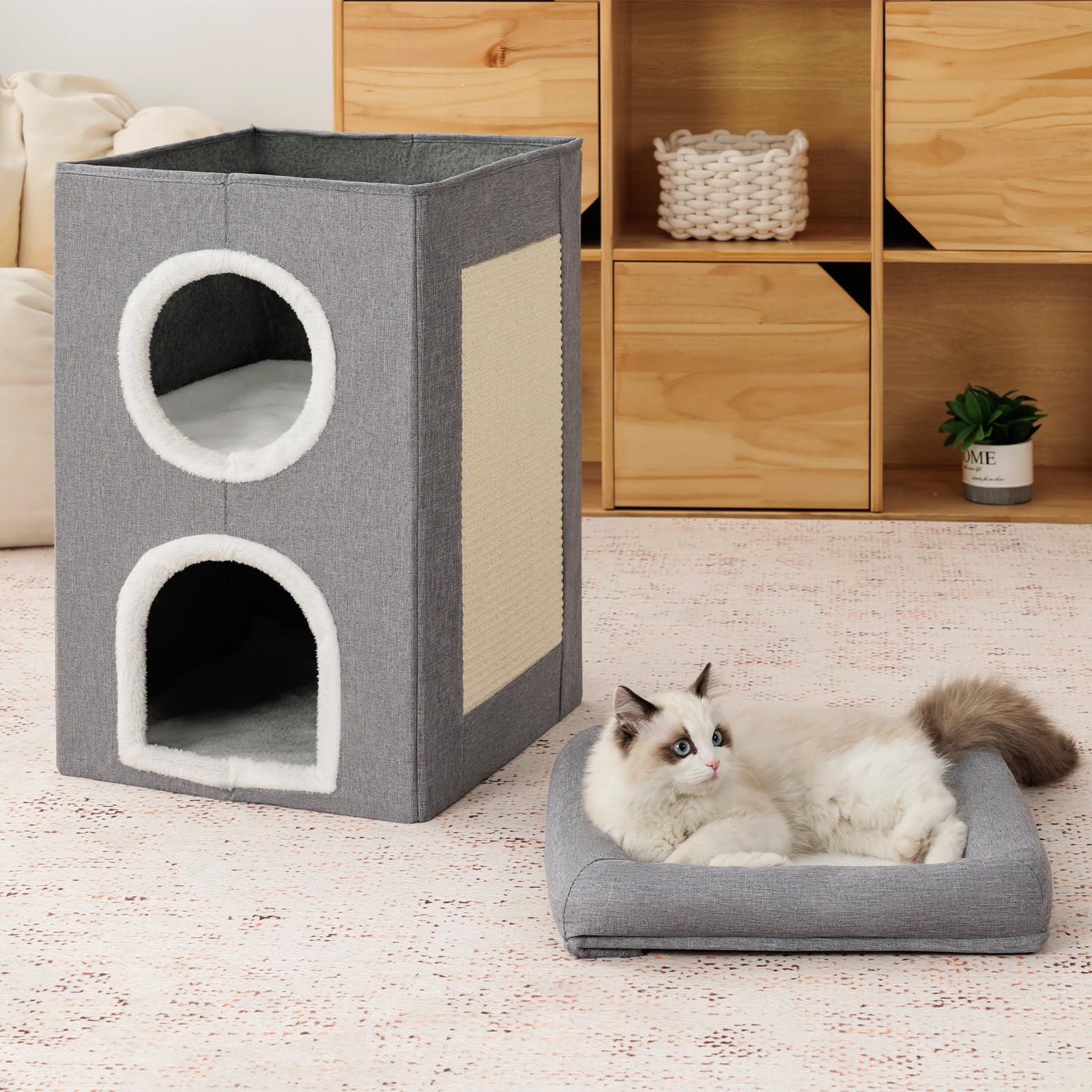 FURRYPAWS Cat House Indoor 2 Layer Cats Cave with Scratching Board, Multi-Level Kitten Bed for Indoor Cats, Cozy Cat Igloo Bed with Soft Velvet Spacious for Small & Medium Pets Grey