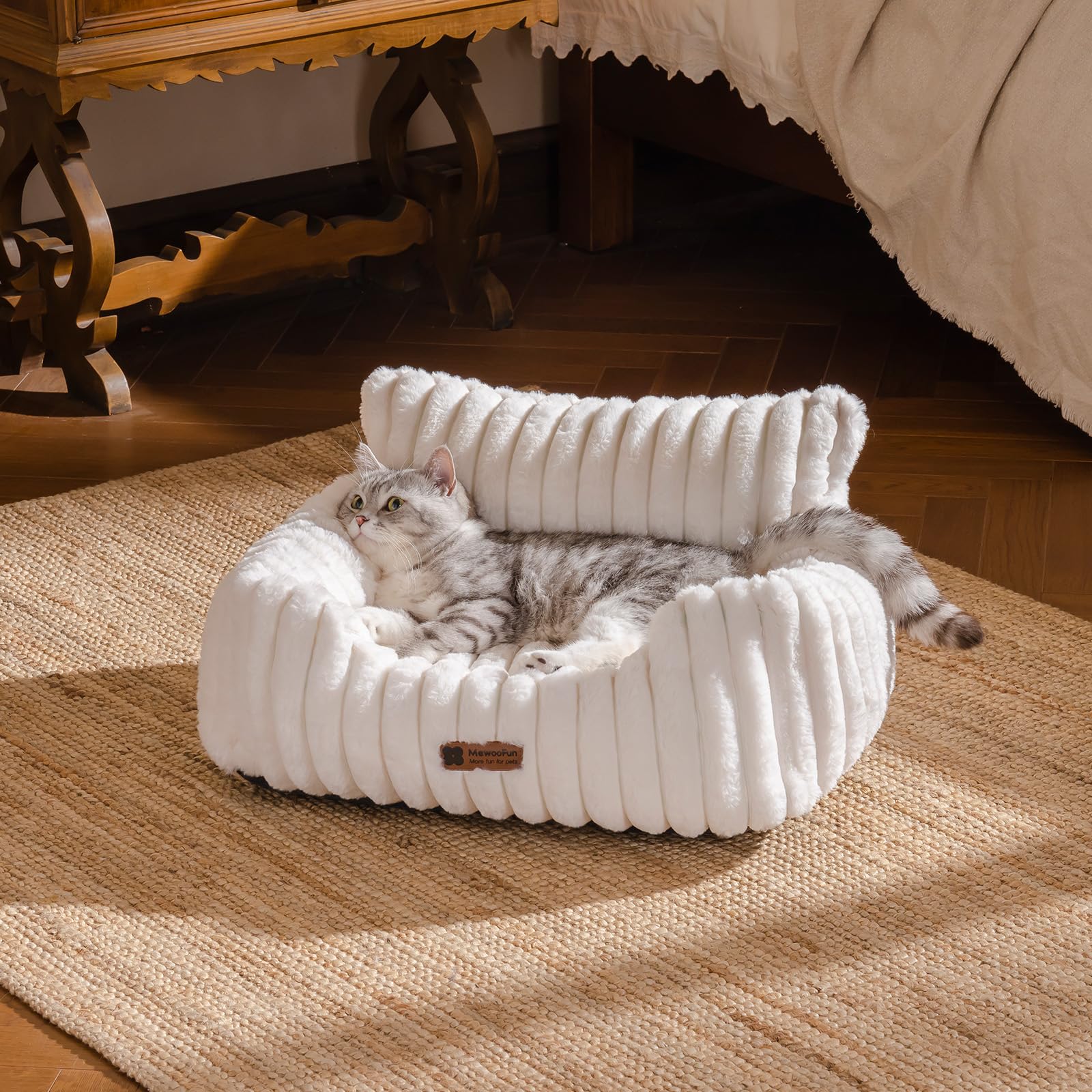 MEWOOFUN Dog Sofa Bed - Cat Beds for Indoor Cats Soft and Fluffy, Cat Sofa Bed Small Calming Dog Bed with Removable Washable Cover (Cream, 61x48x30)