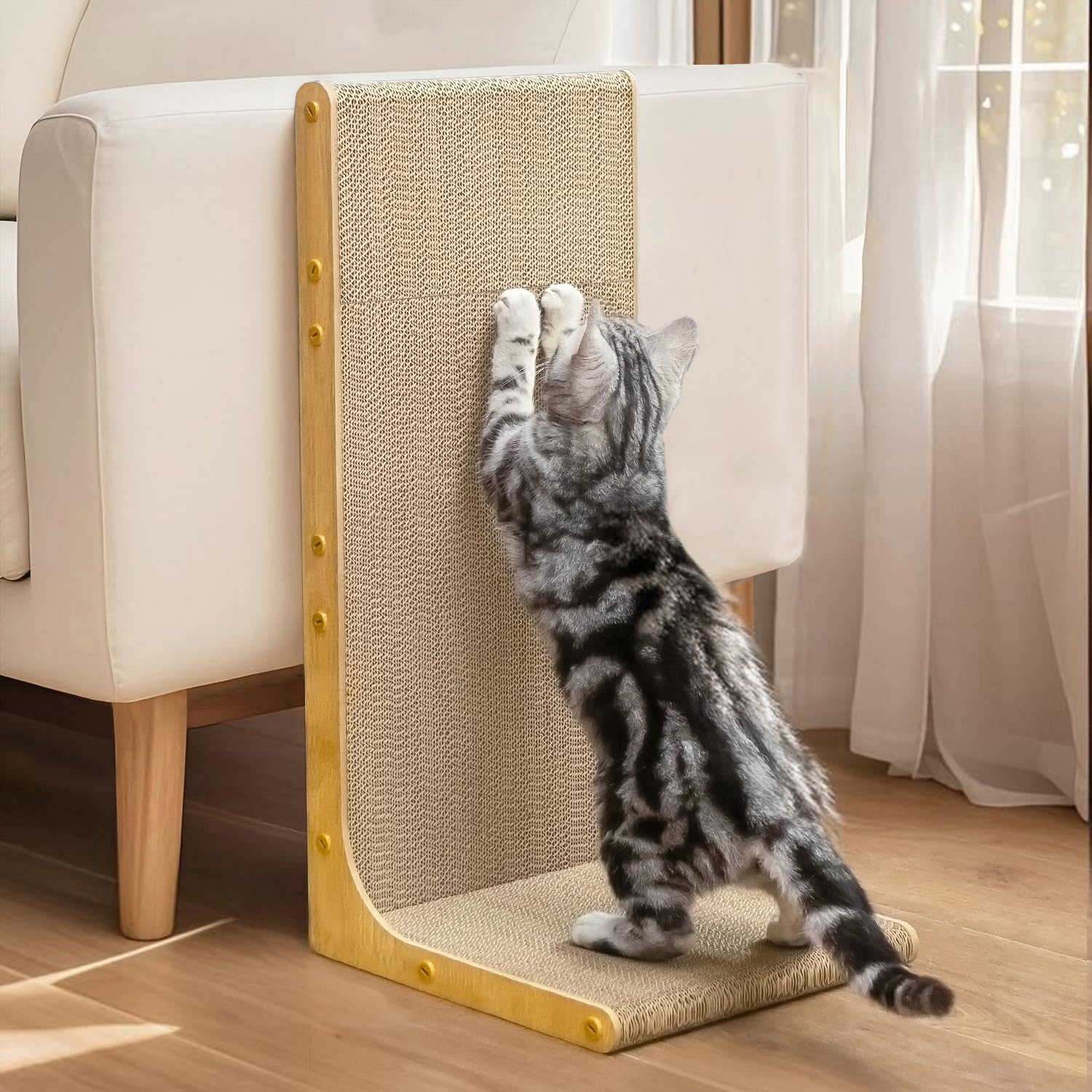 Conlun Cardboard Cat Scratcher,58 cm L Shape Scratch Pad Wall Mounted,Vertical Scratching Board, Durable Cardboard to Protect Furniture for Indoor Cats,Light Wood Large