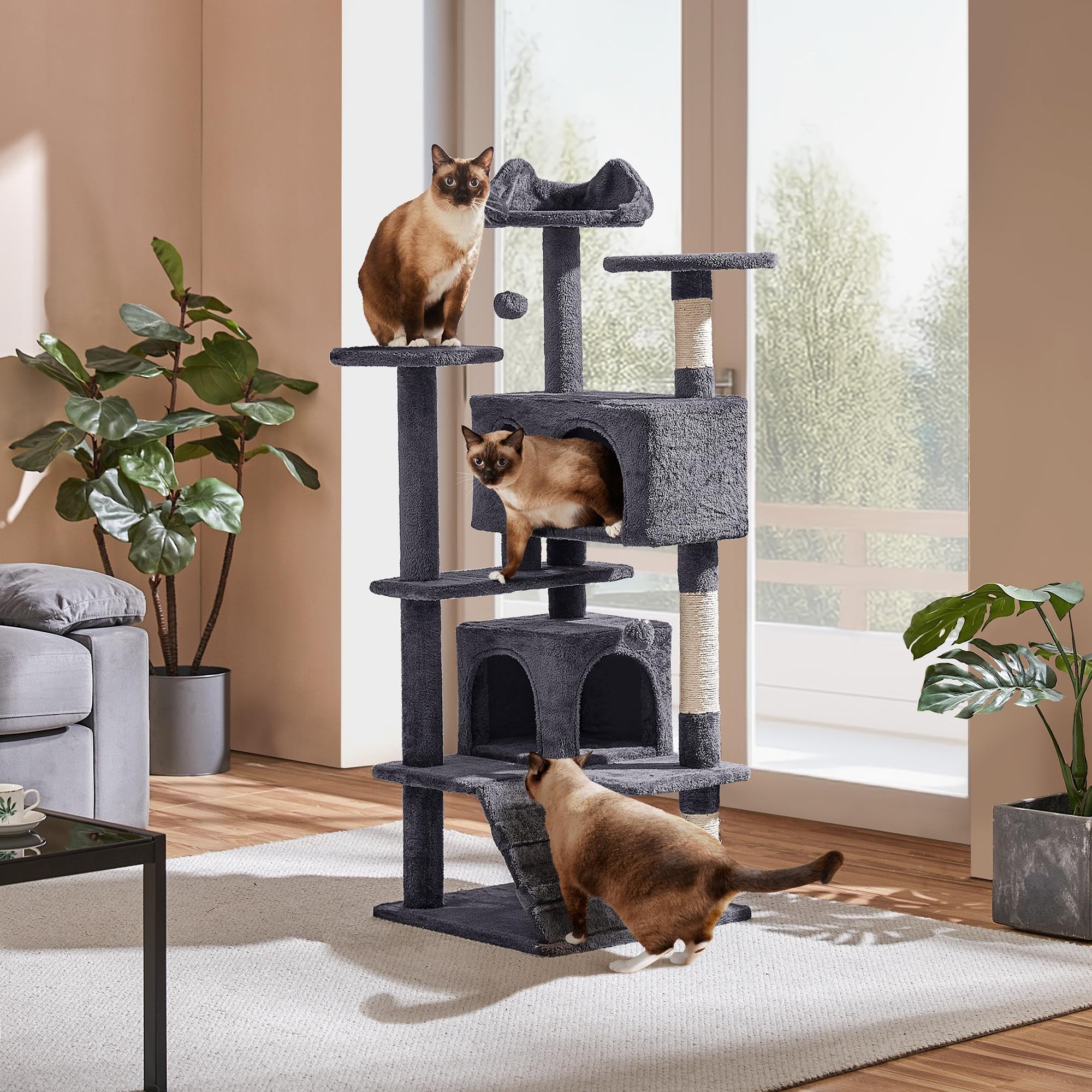 Yaheetech 138.5cm Cat Tree Tower Scratching Posts Multilevel Cat Climbing House with Condos & Ladder Pet Activity Centre for Indoor Kittens, Dark Grey