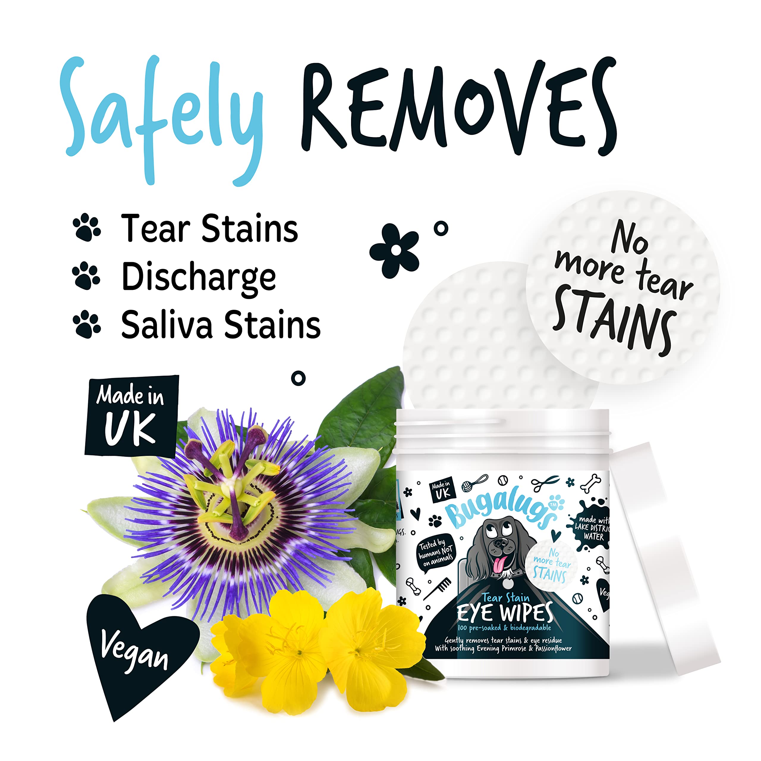 BUGALUGS Dog Eye Wipes 100 Biodegradable textured pre-soaked Dog Wipes. Safe & Easy Cleaning For Dogs - Pet Eye Wipes Remove Tear Stains, Dog Eye Crust & Eye Discharge