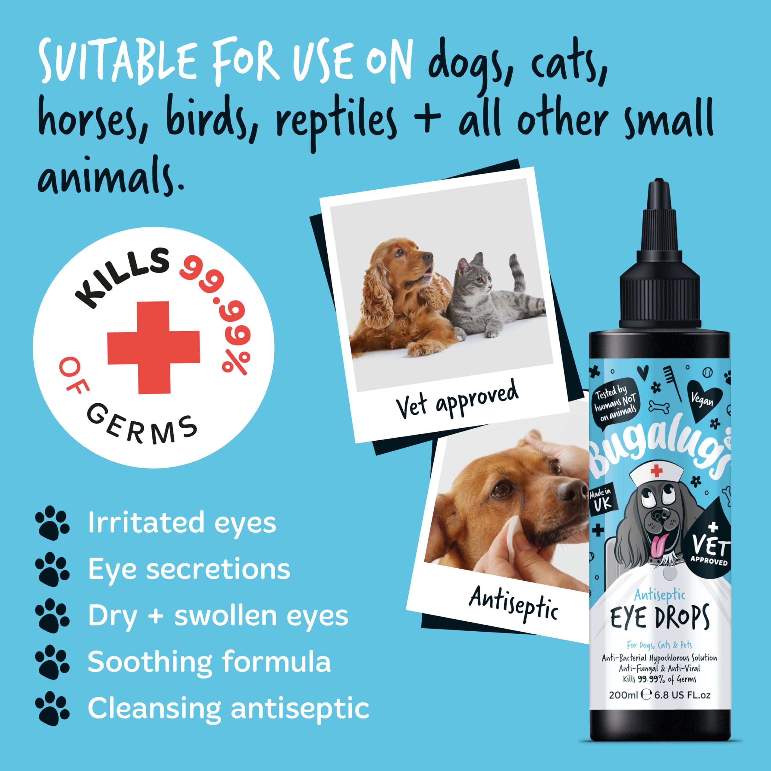 BUGALUGS Dog Eye Drops 200ml, Antiseptic eye drops for dogs, puppy, cats & animals. Antibacterial helps dry, itchy, irritated, gunky & tear stain eyes. Eye Wash Cleaner