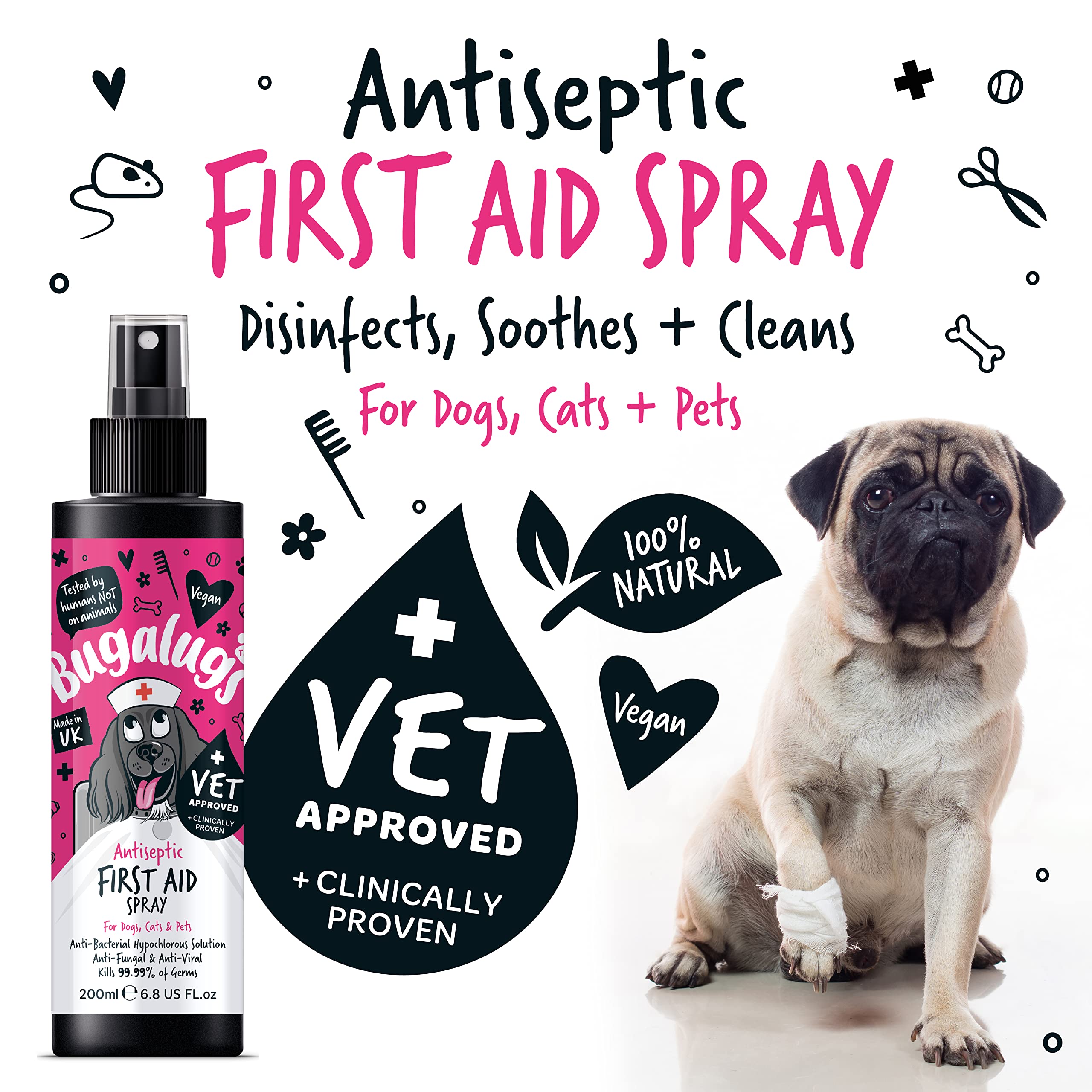 BUGALUGS First Aid Pet Antiseptic spray for dogs, puppy & cats 200ml - Antibacterial, Antiviral, Antifungal spray for cuts, wounds & itchy skin