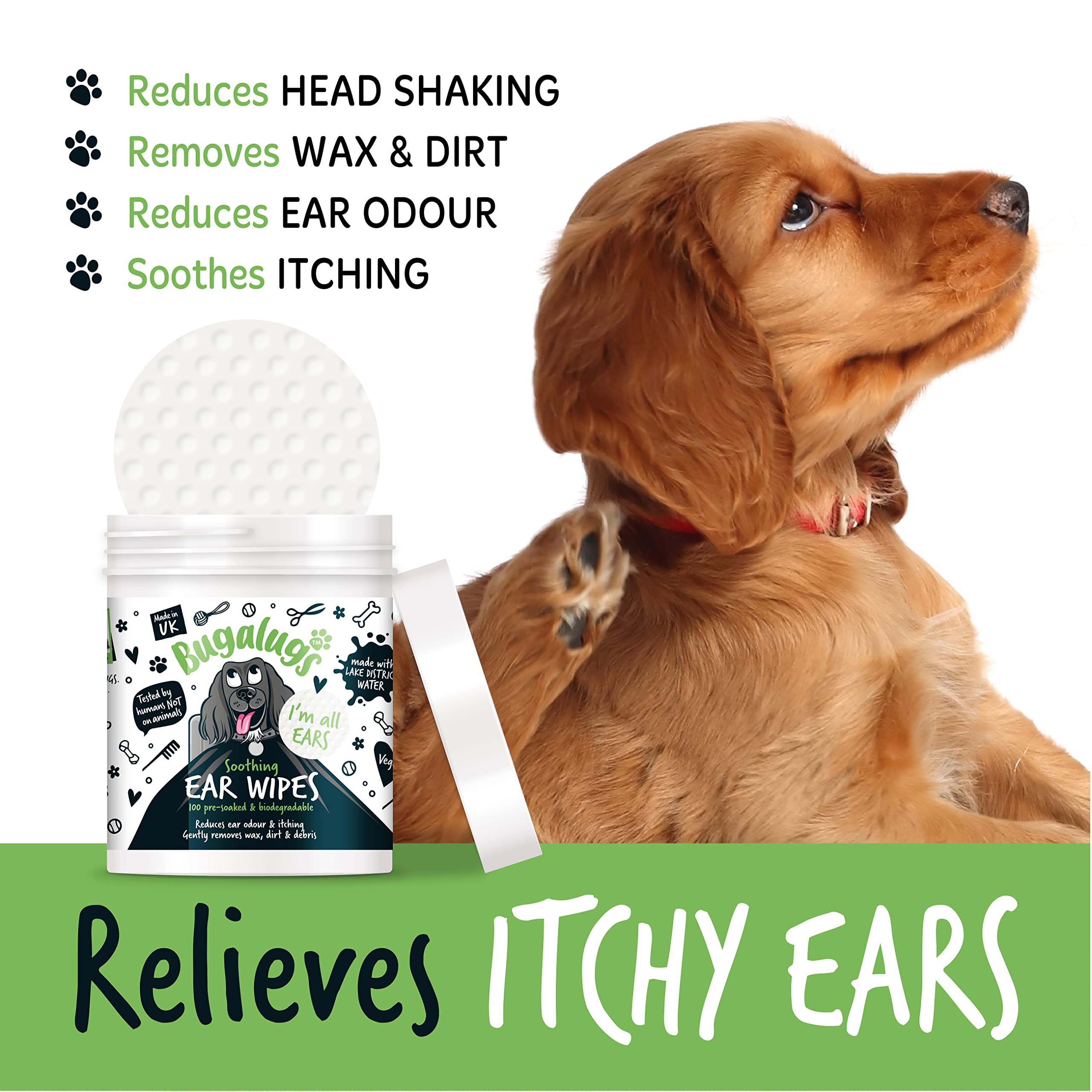 BUGALUGS Dog Ear Cleaner Dog Wipes 100 Biodegradable textured pre-soaked dog ear wipes. Pet Wipes Dog Ear Cleaner Solution Stops Head Shaking, Itching & Waxy Ears