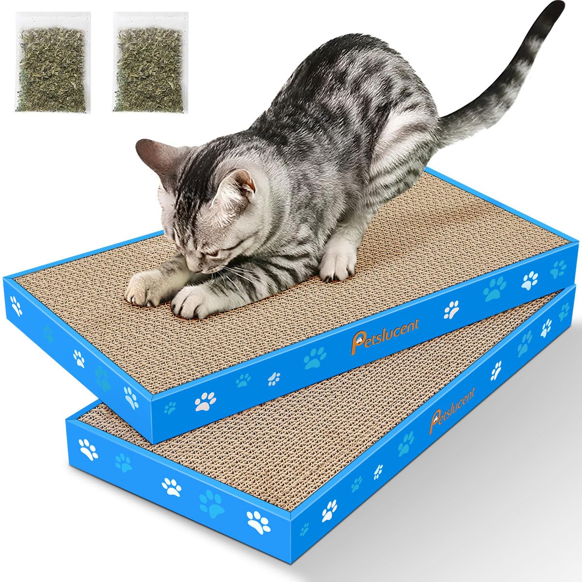 Petslucent Cat Scratching Board, Corrugate Cat Scratcher for Indoor Cats with Box, Scratch Pad with Catnip, Cardboard Double-Sided Usability (2 PCS)
