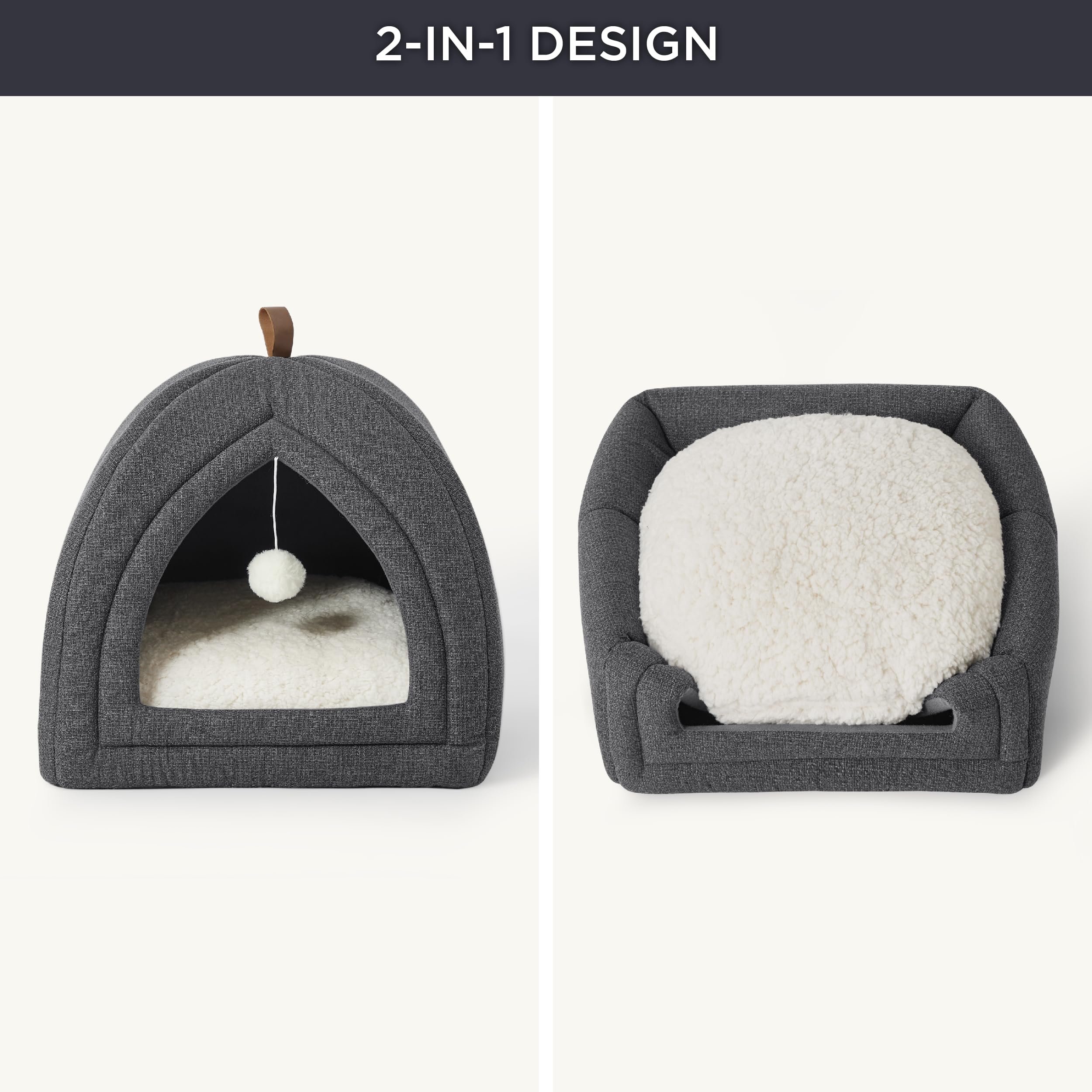 Bedsure Cat Cave Bed Igloo - Cat Tent Bed House with Removable Washable Cushion Pillow Foldable Portable Pet Bed,Dark Grey, 40x40x40cm