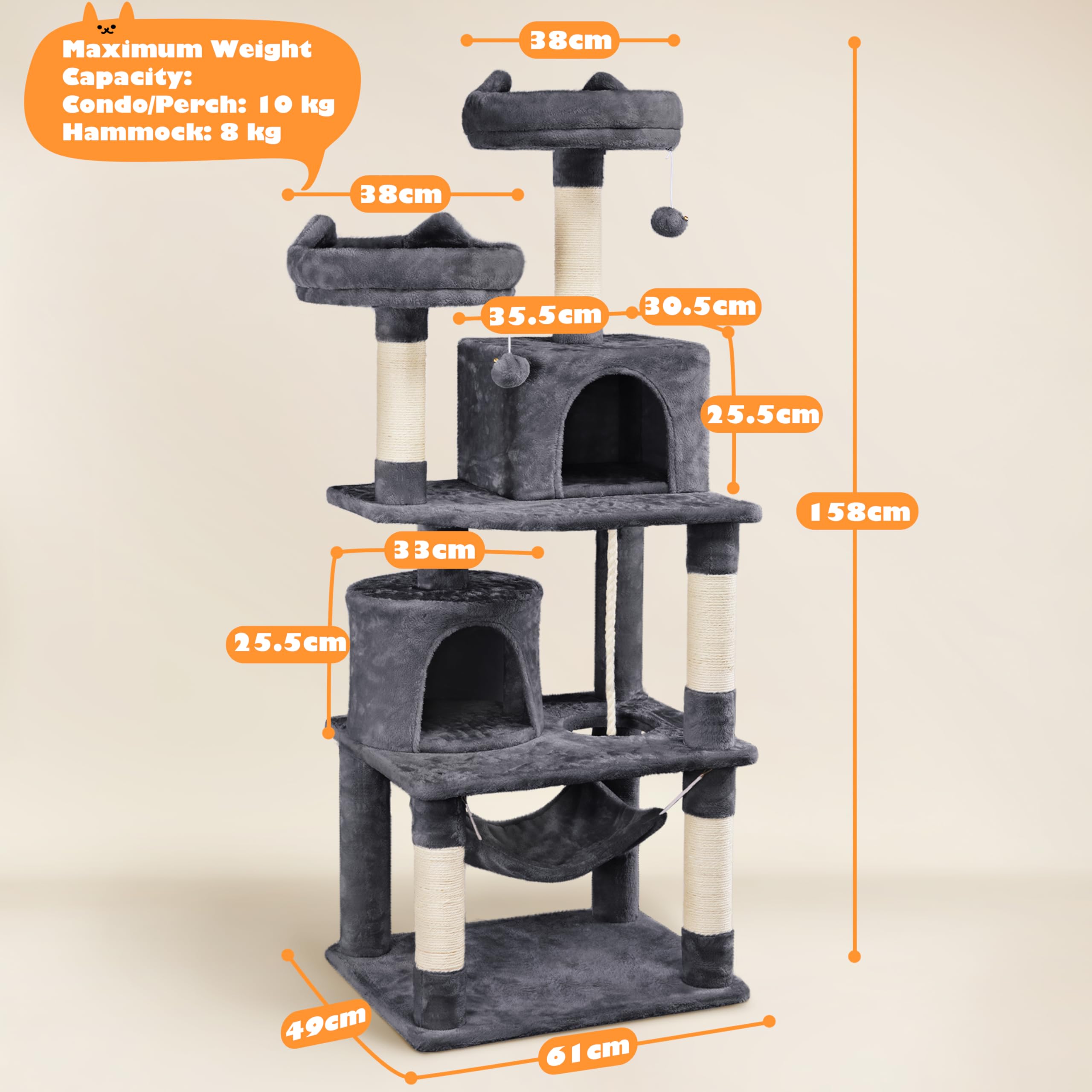 Yaheetech 158cm Multi-level Cat Tree Tower Large Kitten Scratching Posts with Condos/Perches/Hammock Broad-space Kitten Activity Centre, Dark Grey