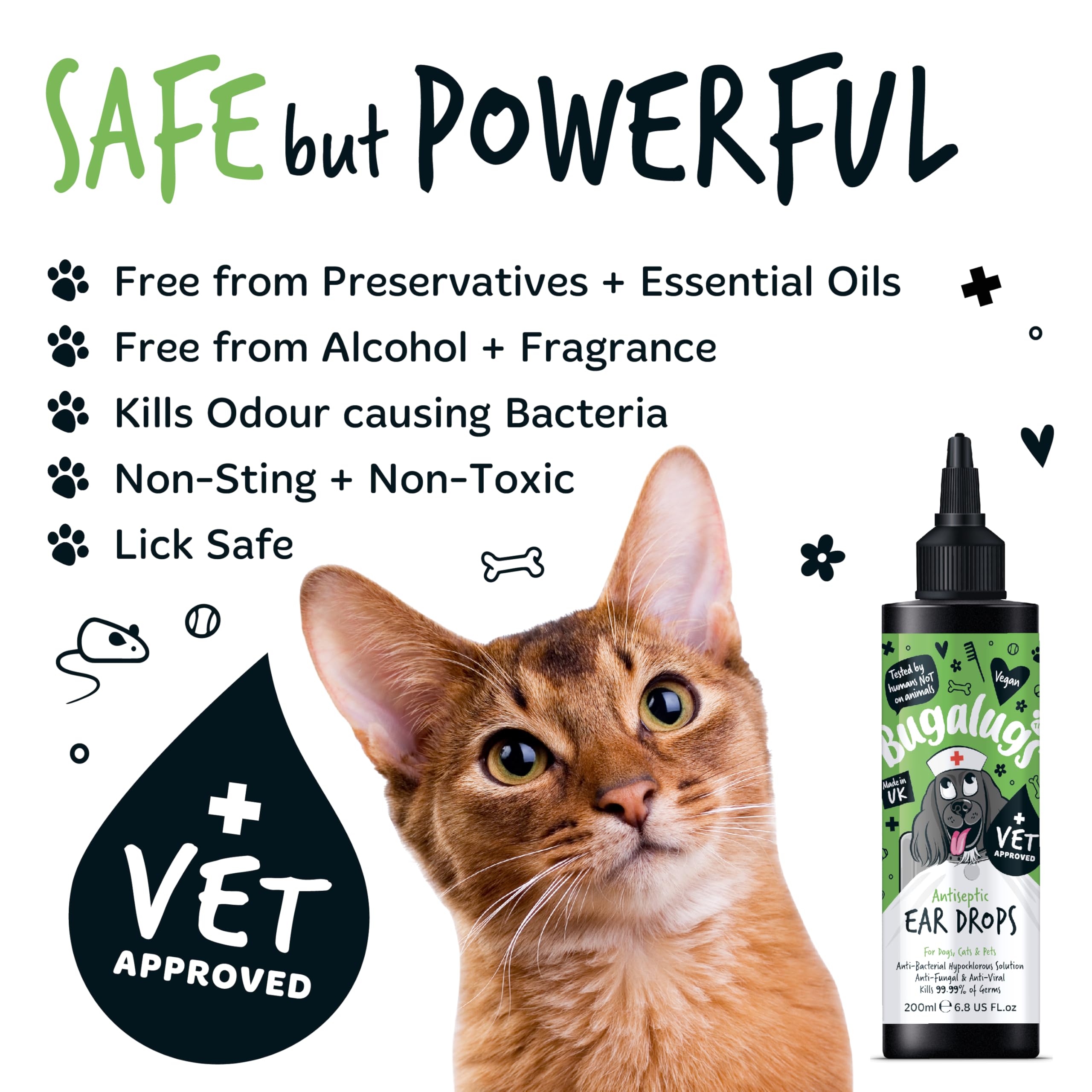 BUGALUGS Antiseptic Ear Drops 200ml – Ear Disinfection, Kills bacteria, Stops Odours, Scratching & Discomfort, Anti-fungal (Yeast), Veterinary-grade, for Dogs, Cats & all other animals