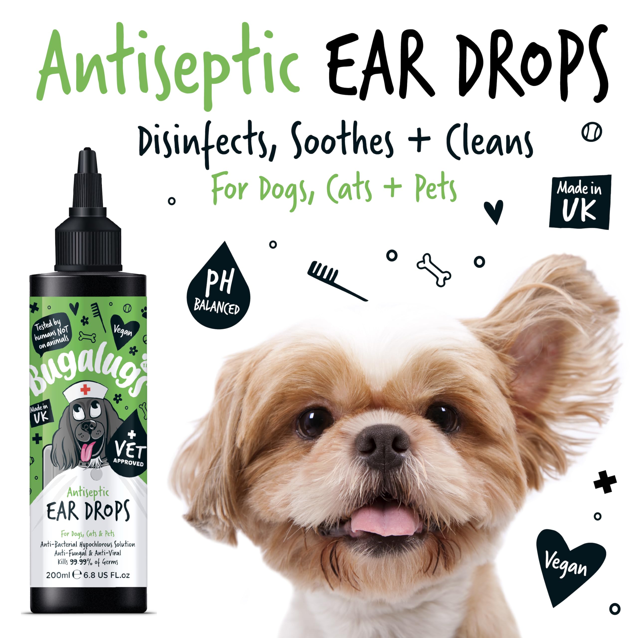 BUGALUGS Antiseptic Ear Drops 200ml – Ear Disinfection, Kills bacteria, Stops Odours, Scratching & Discomfort, Anti-fungal (Yeast), Veterinary-grade, for Dogs, Cats & all other animals