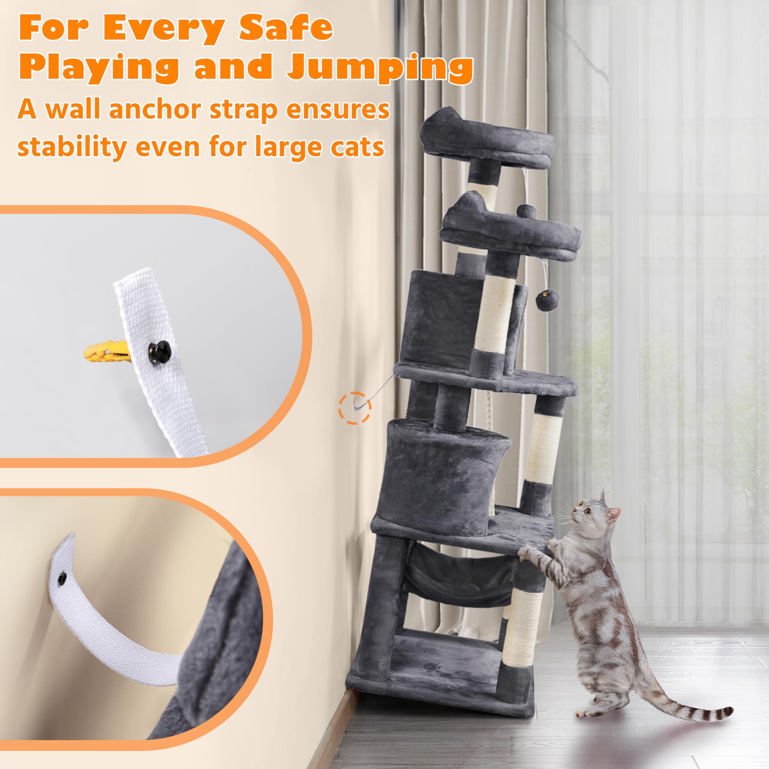 Yaheetech 158cm Multi-level Cat Tree Tower Large Kitten Scratching Posts with Condos/Perches/Hammock Broad-space Kitten Activity Centre, Dark Grey