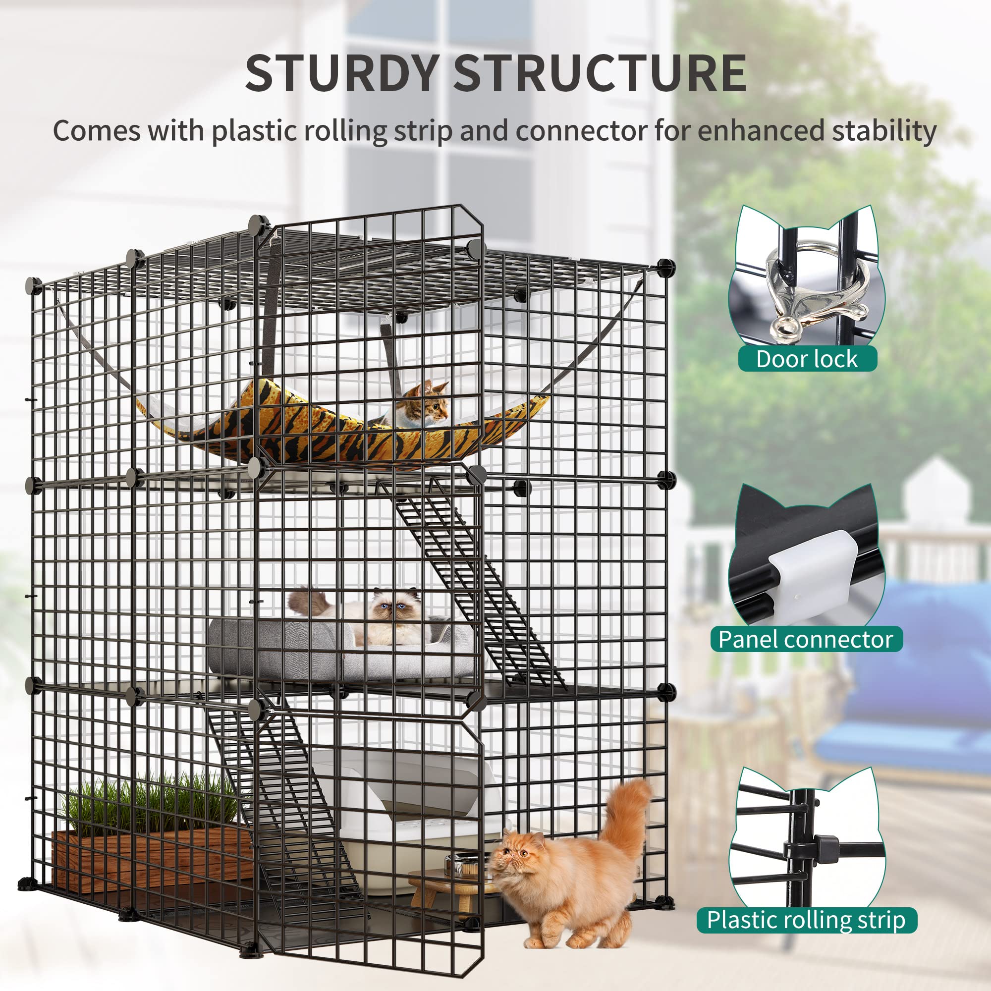 YITAHOME Cat Cage Indoor, DIY Cat Enclosures with 3 Doors, 2 Ladders, Metal Cat Playpen 3-Tiers Kennels Pet Crate with Extra Large Hammock, Pet Cage for 1-2 Cats Bunny Chinchilla Black 72x72x104 cm