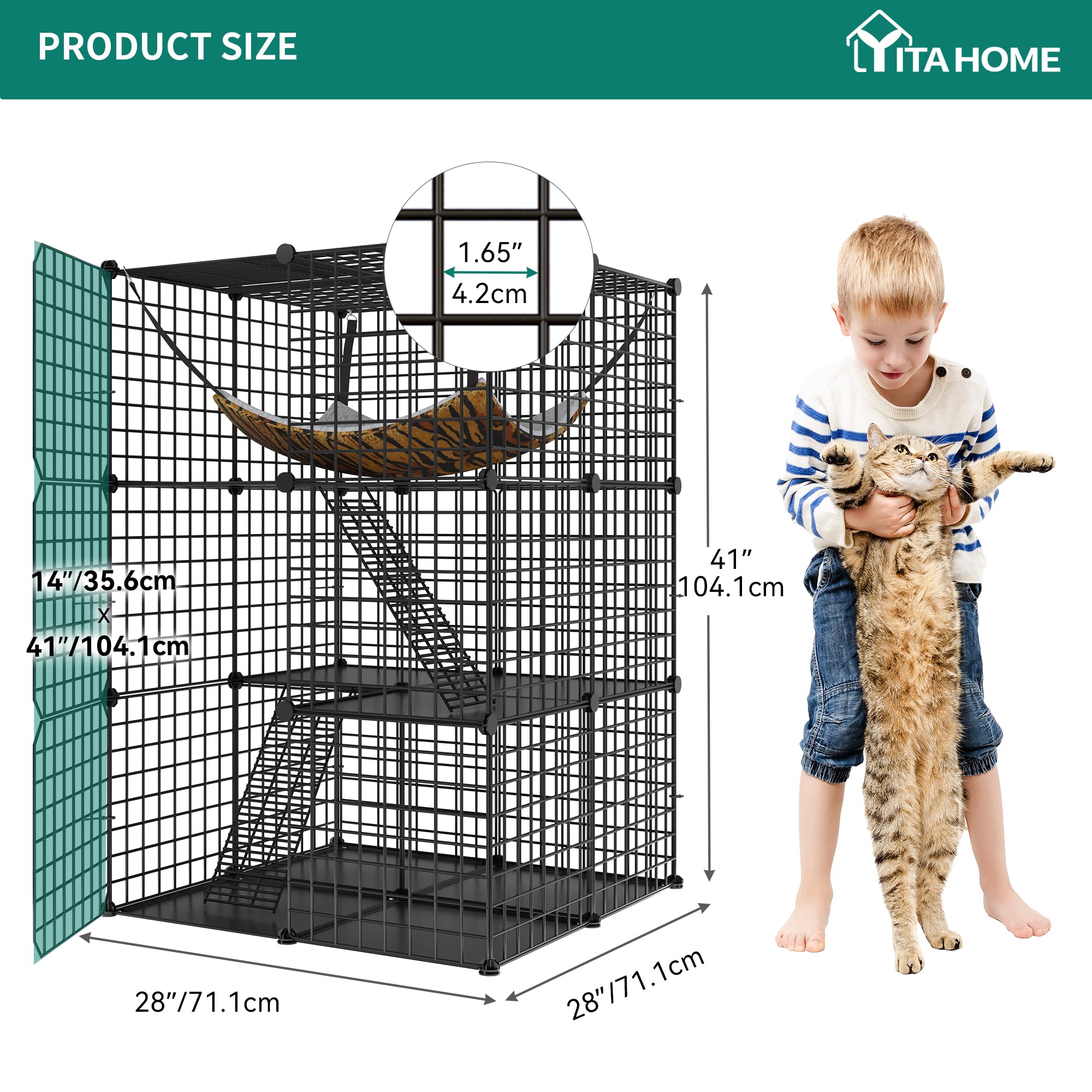 YITAHOME Cat Cage Indoor, DIY Cat Enclosures with 3 Doors, 2 Ladders, Metal Cat Playpen 3-Tiers Kennels Pet Crate with Extra Large Hammock, Pet Cage for 1-2 Cats Bunny Chinchilla Black 72x72x104 cm