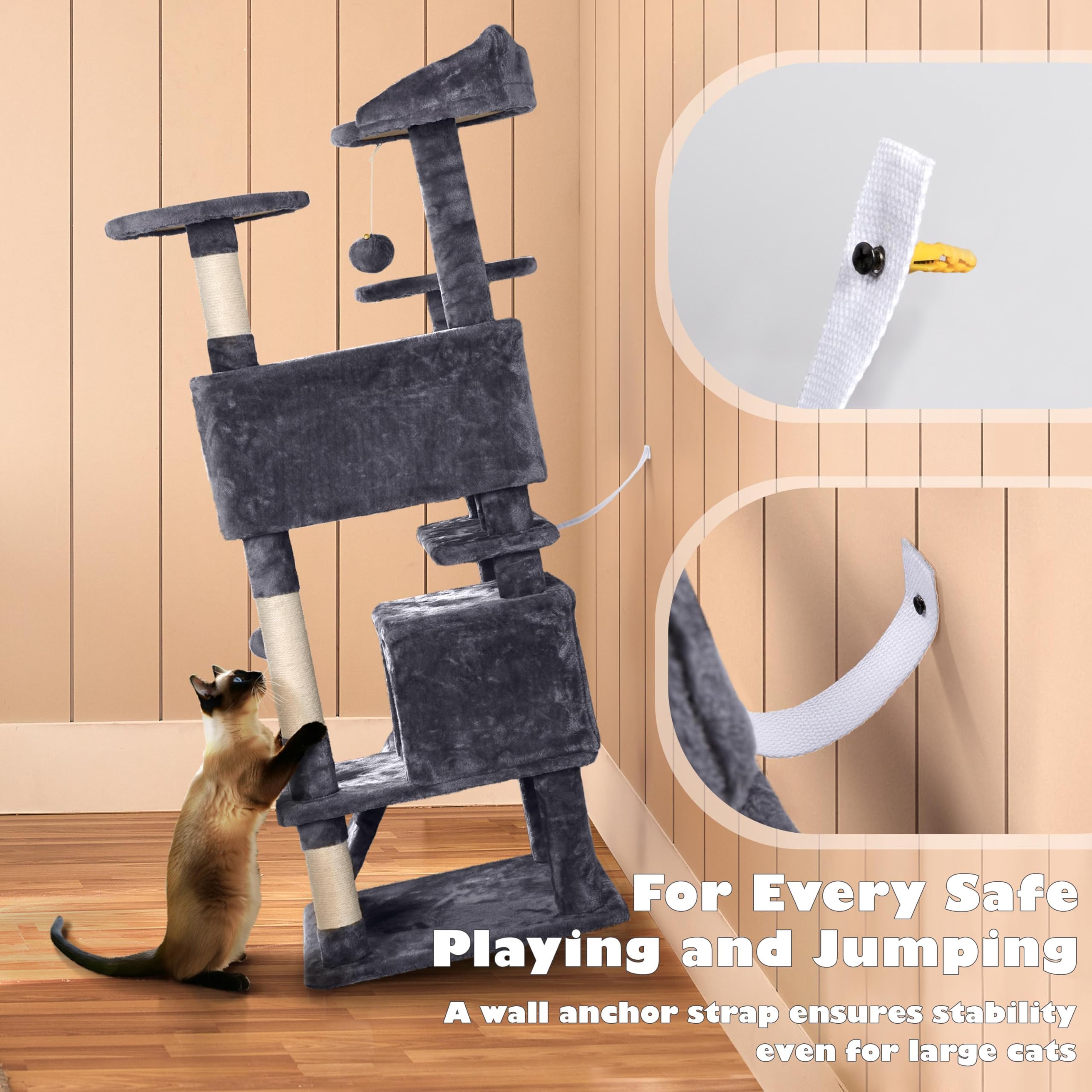 Yaheetech 138.5cm Cat Tree Tower Scratching Posts Multilevel Cat Climbing House with Condos & Ladder Pet Activity Centre for Indoor Kittens, Dark Grey