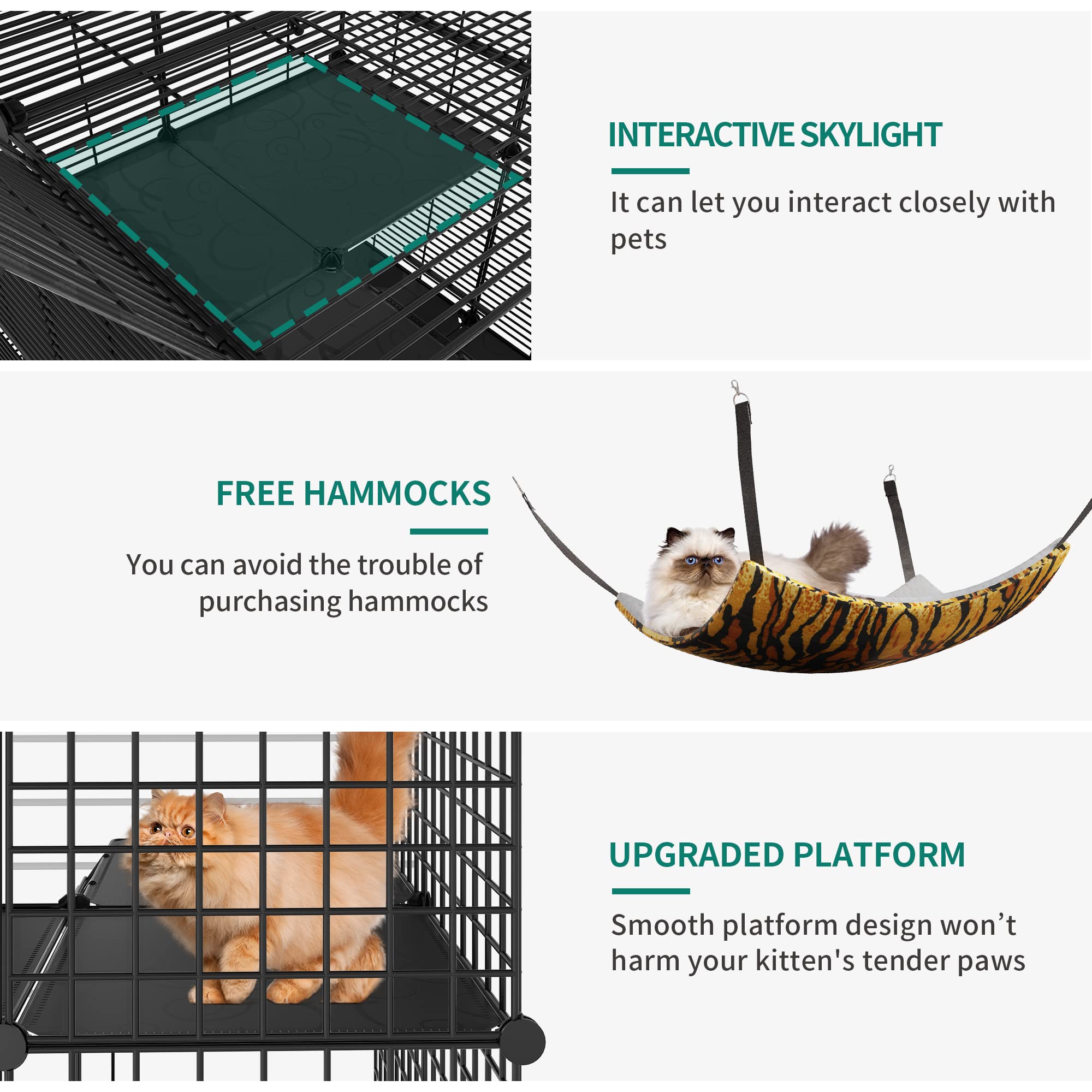 YITAHOME Cat Cage Indoor, DIY Cat Enclosures with 3 Doors, 2 Ladders, Metal Cat Playpen 3-Tiers Kennels Pet Crate with Extra Large Hammock, Pet Cage for 1-2 Cats Bunny Chinchilla Black 72x72x104 cm