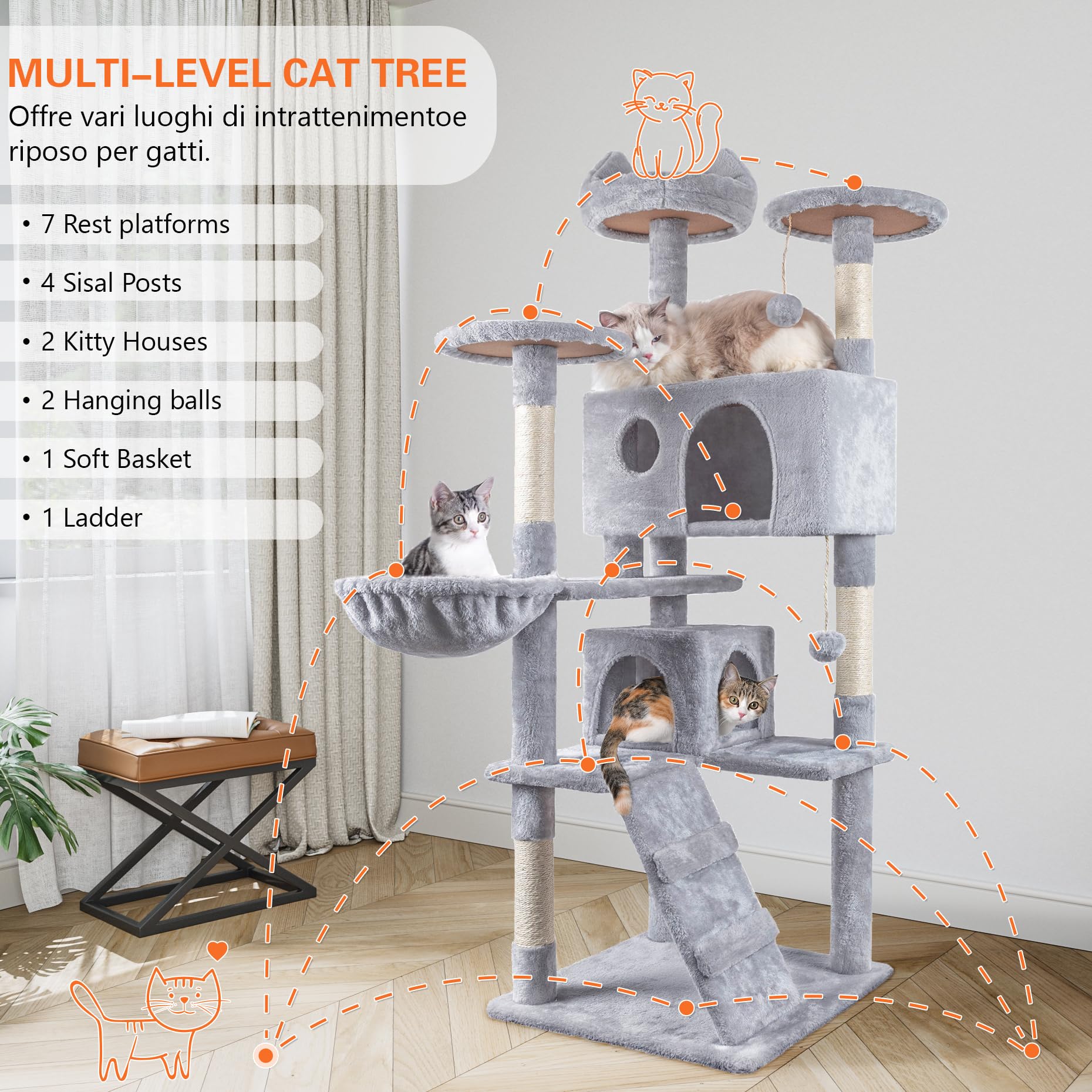 HOMIDEC Cat Tree,151cm Cat Tower for Indoor Kitty,Scratching Post Stable Activity Centre Climbing Tree with 2 Kitty Houses, Hammock, 4 Sisal Posts, Ladder, and Rest Place
