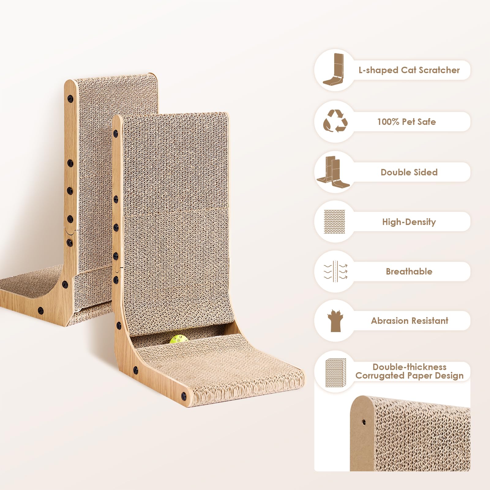 EHEYCIGA L Shape Vertical Cat Scratcher, 68cm High Cat Scratching Board for Indoor Cats, Protecting Furniture Scratch Pad, Cardboard Scratching with Ball Toy