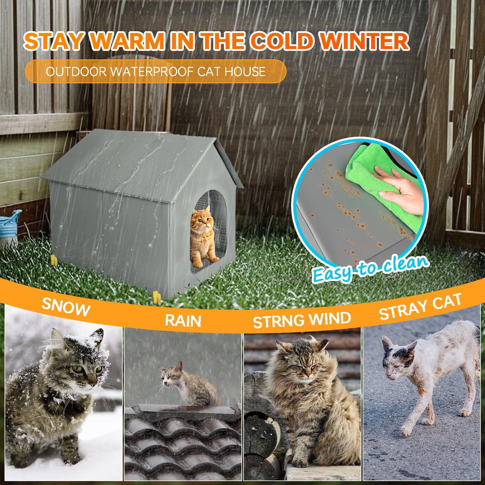 Sturdy Outdoor Cat Cave Bonus 4 Insulation Sheet, 100% Weatherproof, Insulated Feral Cat House with Removable Soft Mat, Safe Outside Feral Cat House Shelter for Winter