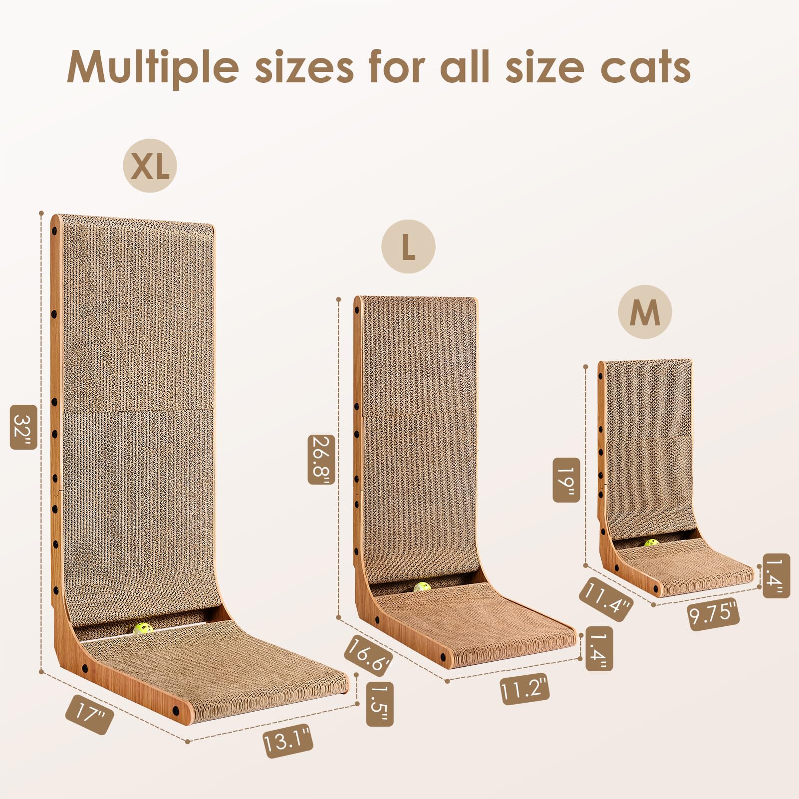 EHEYCIGA L Shape Vertical Cat Scratcher, 68cm High Cat Scratching Board for Indoor Cats, Protecting Furniture Scratch Pad, Cardboard Scratching with Ball Toy