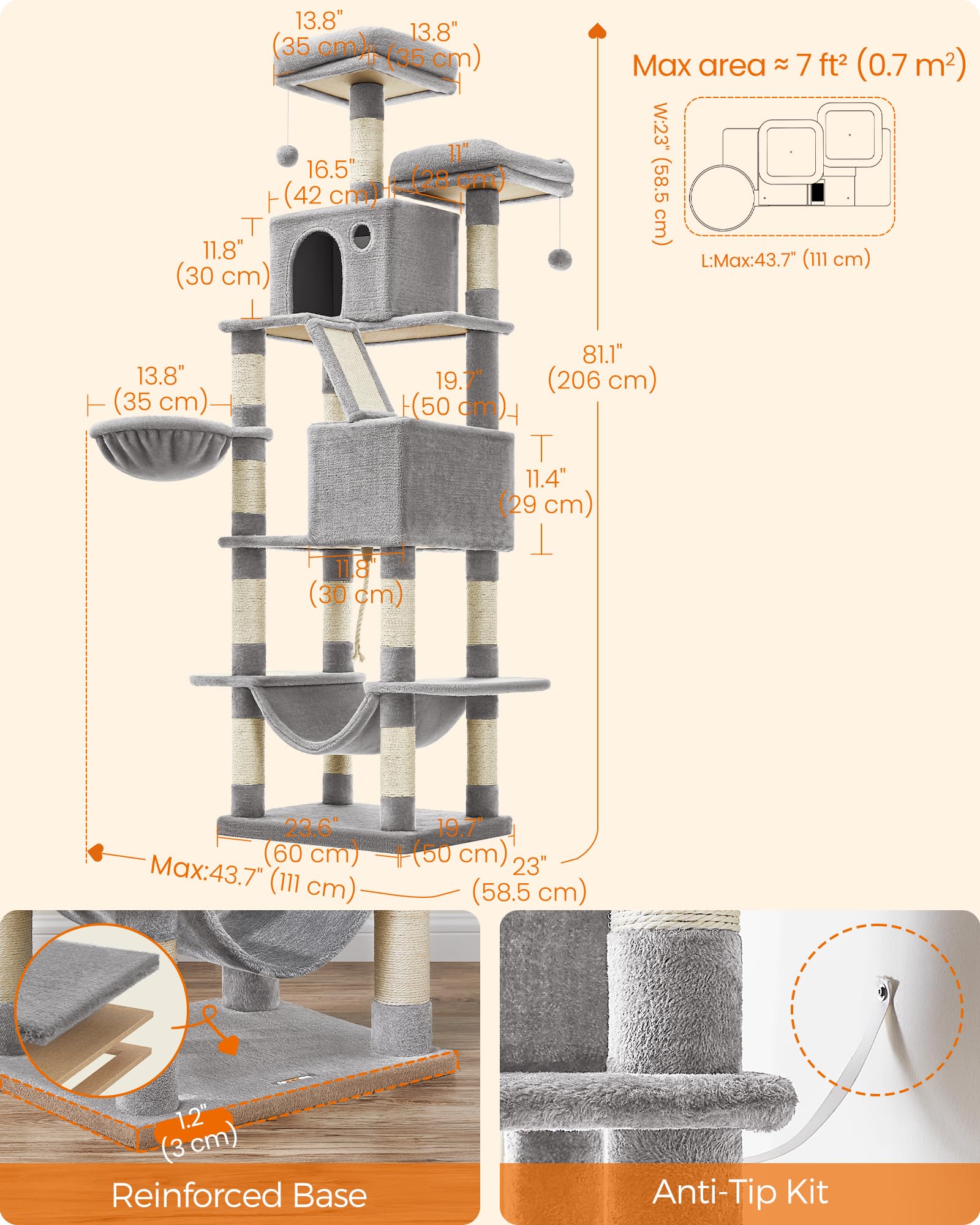 FEANDREA Cat Tree, 206 cm Large Cat Tower with 13 Scratching Posts, 1 Scratching Ramp, 2 Perches, 2 Caves, Basket, Hammock, Pompoms, Multi-Level Plush Cat Condo for Indoor Cats, Light Grey