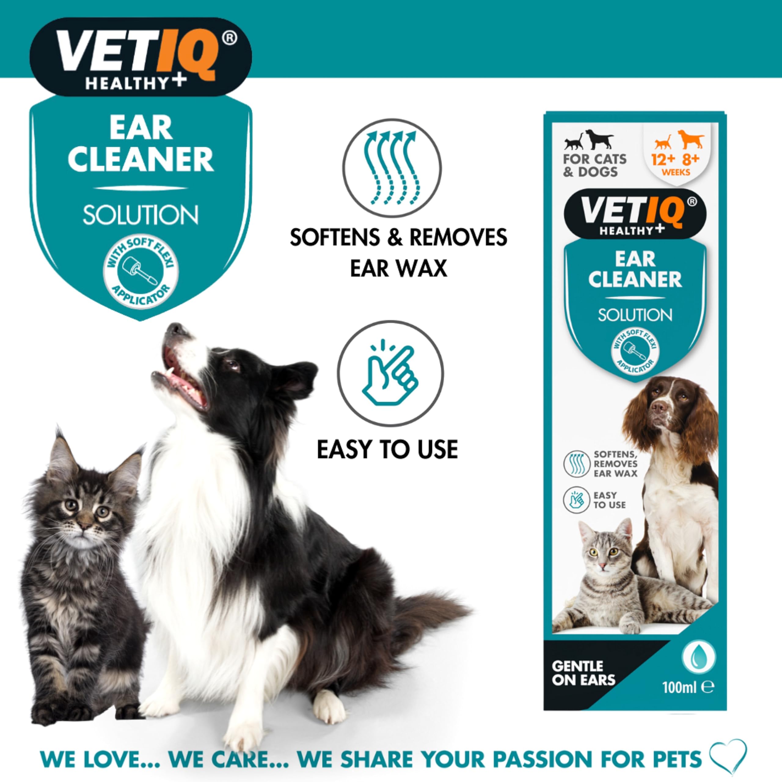 VETIQ Ear Cleaner Solution with Soft Flexi Applicator for Cats & Dogs, Safe & Gentle Solution to Soften & Remove Ear Wax & Maintain Ear Hygiene, 100 ml (Pack of 1)