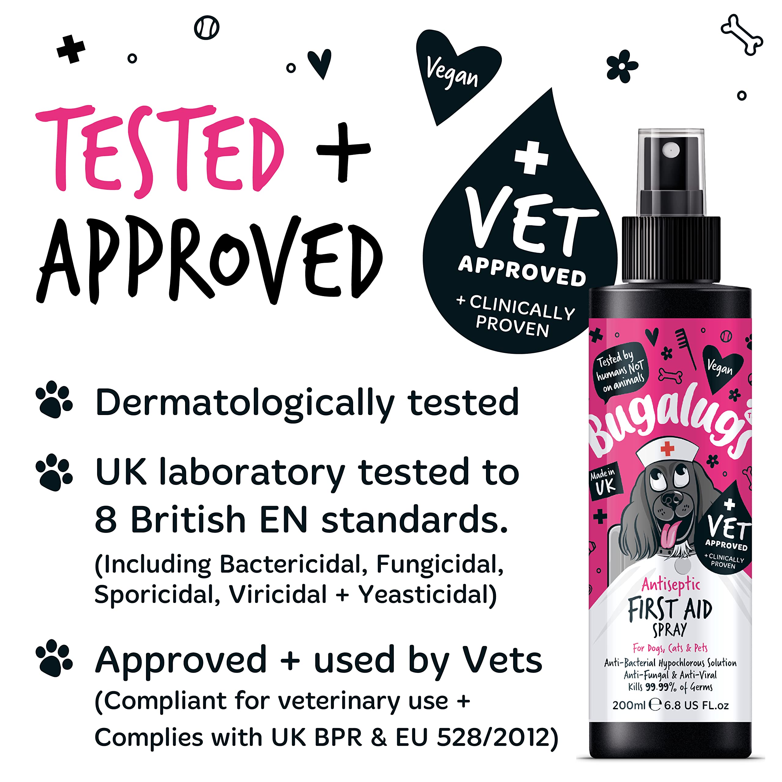 BUGALUGS First Aid Pet Antiseptic spray for dogs, puppy & cats 200ml - Antibacterial, Antiviral, Antifungal spray for cuts, wounds & itchy skin