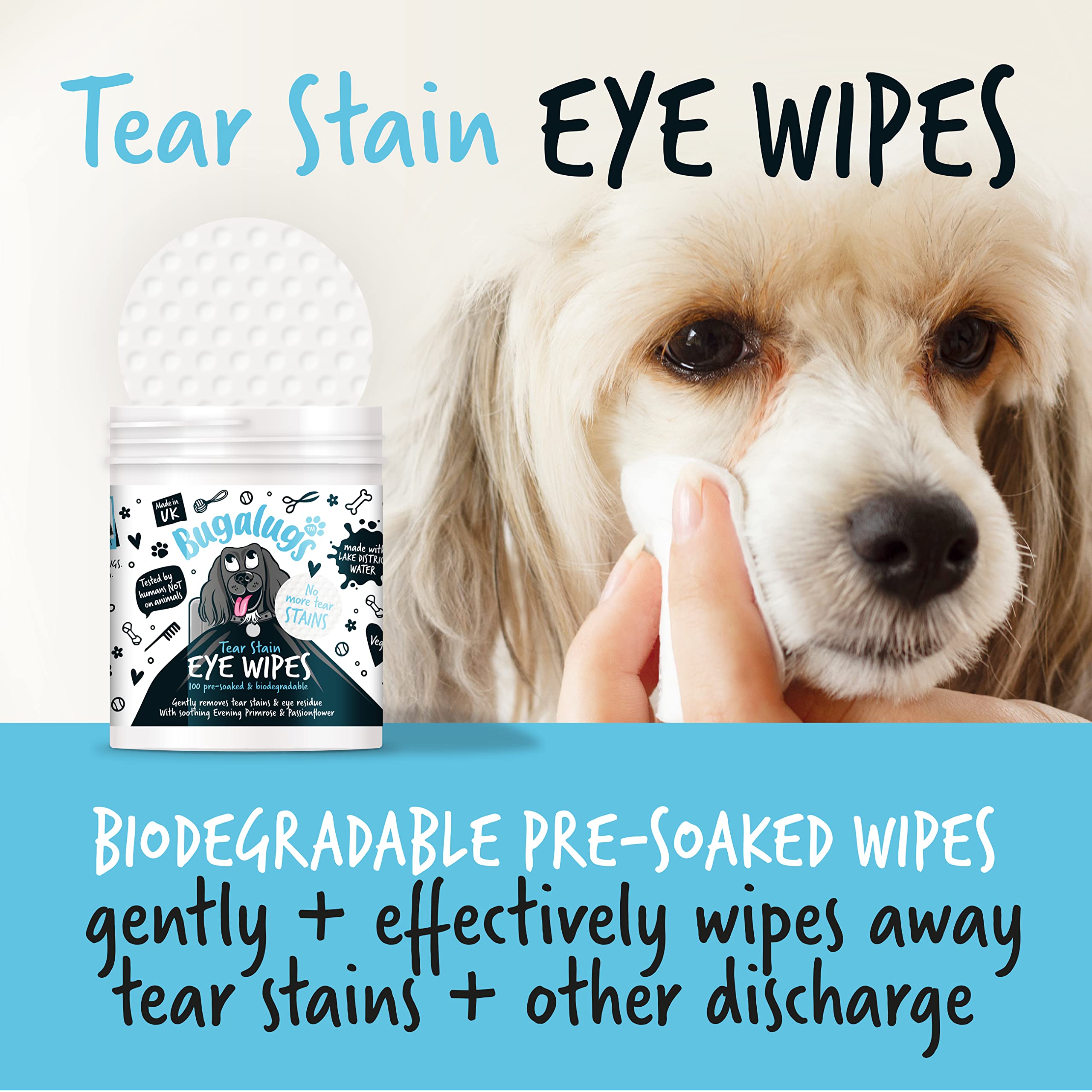 BUGALUGS Dog Eye Wipes 100 Biodegradable textured pre-soaked Dog Wipes. Safe & Easy Cleaning For Dogs - Pet Eye Wipes Remove Tear Stains, Dog Eye Crust & Eye Discharge