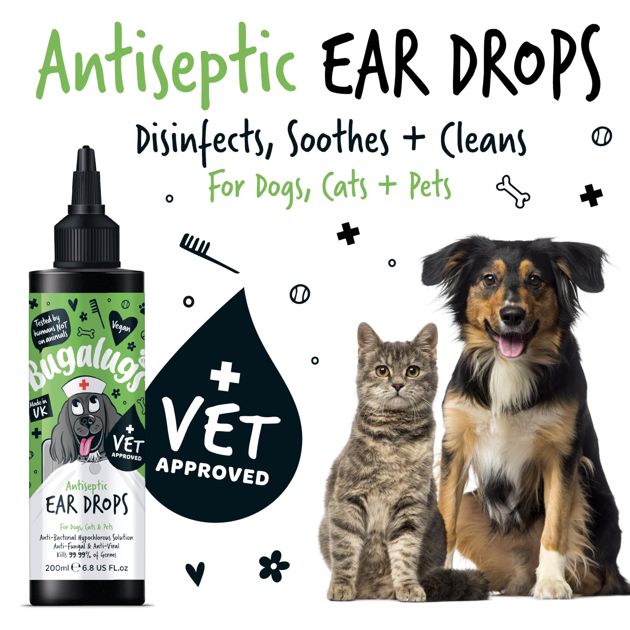 BUGALUGS Antiseptic Ear Drops 200ml – Ear Disinfection, Kills bacteria, Stops Odours, Scratching & Discomfort, Anti-fungal (Yeast), Veterinary-grade, for Dogs, Cats & all other animals