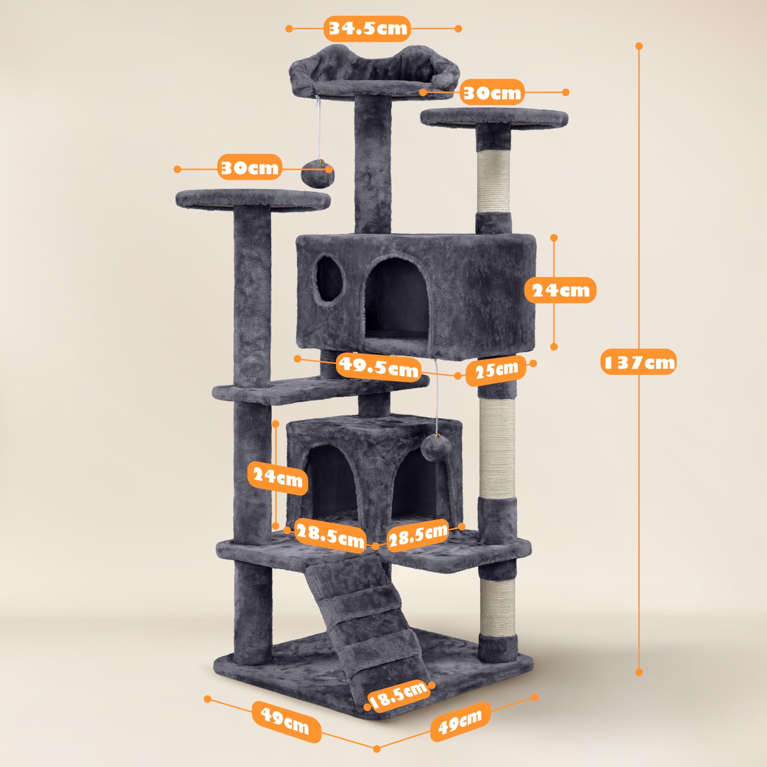 Yaheetech 138.5cm Cat Tree Tower Scratching Posts Multilevel Cat Climbing House with Condos & Ladder Pet Activity Centre for Indoor Kittens, Dark Grey