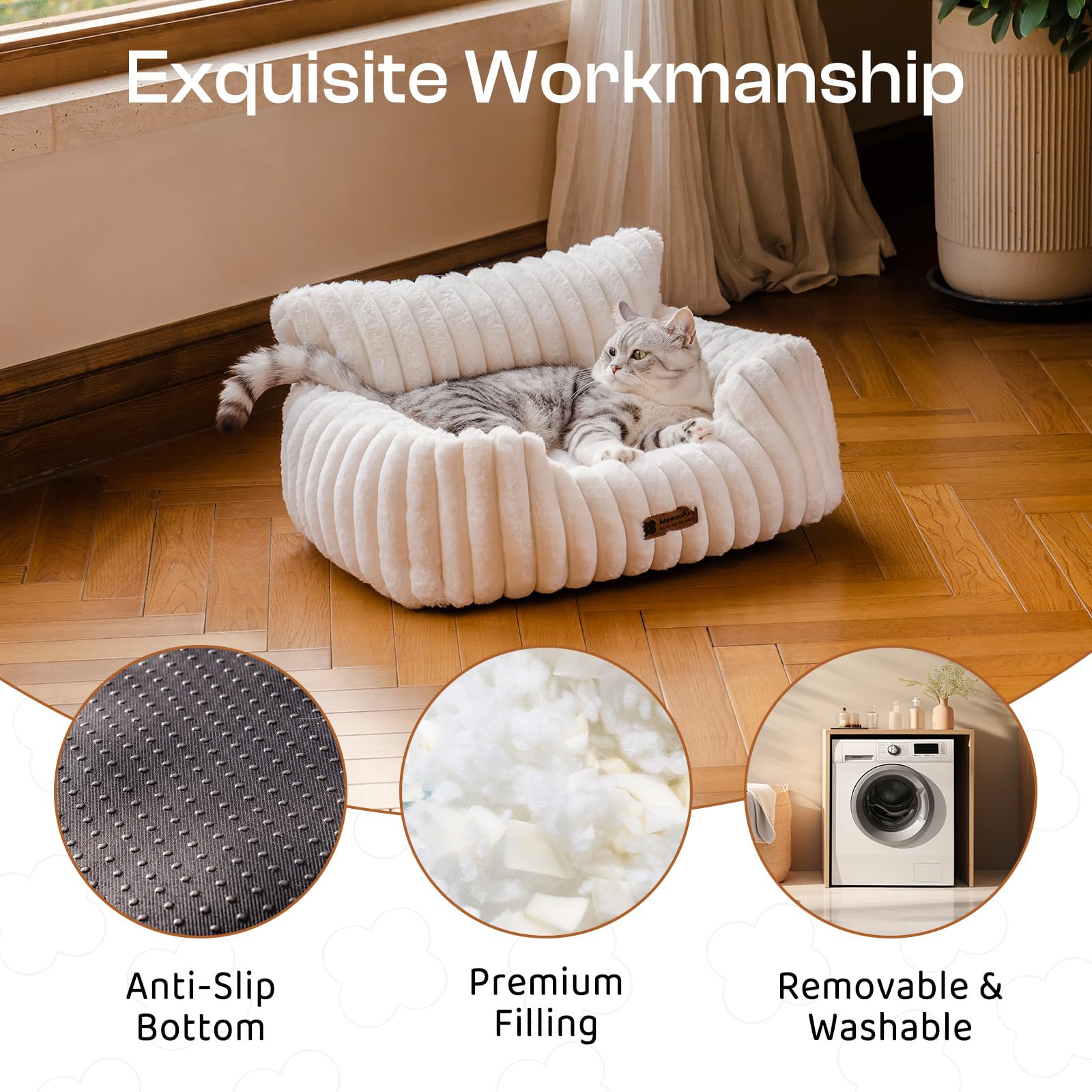 MEWOOFUN Dog Sofa Bed - Cat Beds for Indoor Cats Soft and Fluffy, Cat Sofa Bed Small Calming Dog Bed with Removable Washable Cover (Cream, 61x48x30)