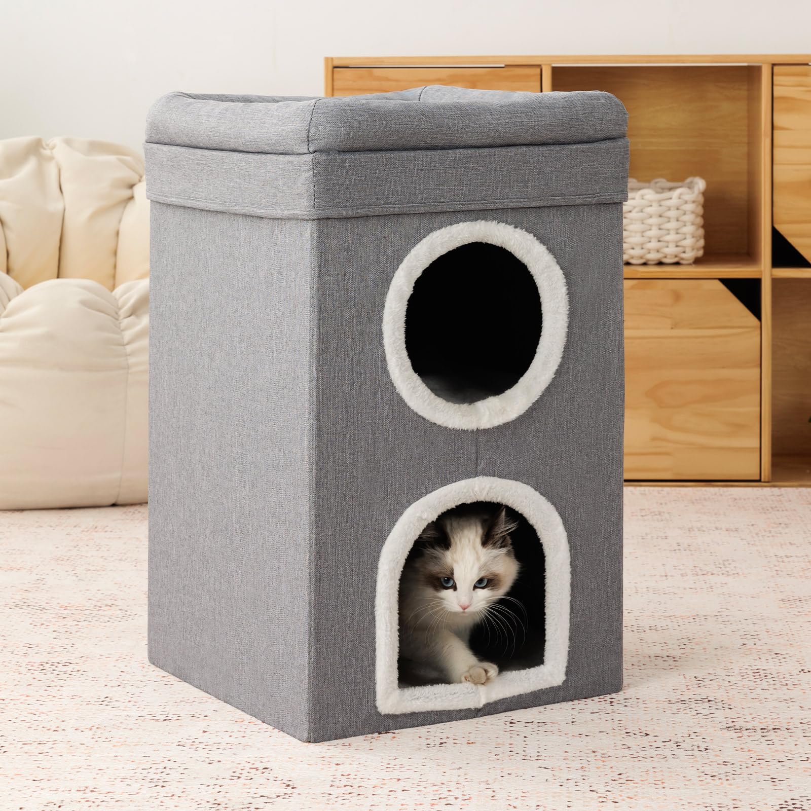 FURRYPAWS Cat House Indoor 2 Layer Cats Cave with Scratching Board, Multi-Level Kitten Bed for Indoor Cats, Cozy Cat Igloo Bed with Soft Velvet Spacious for Small & Medium Pets Grey