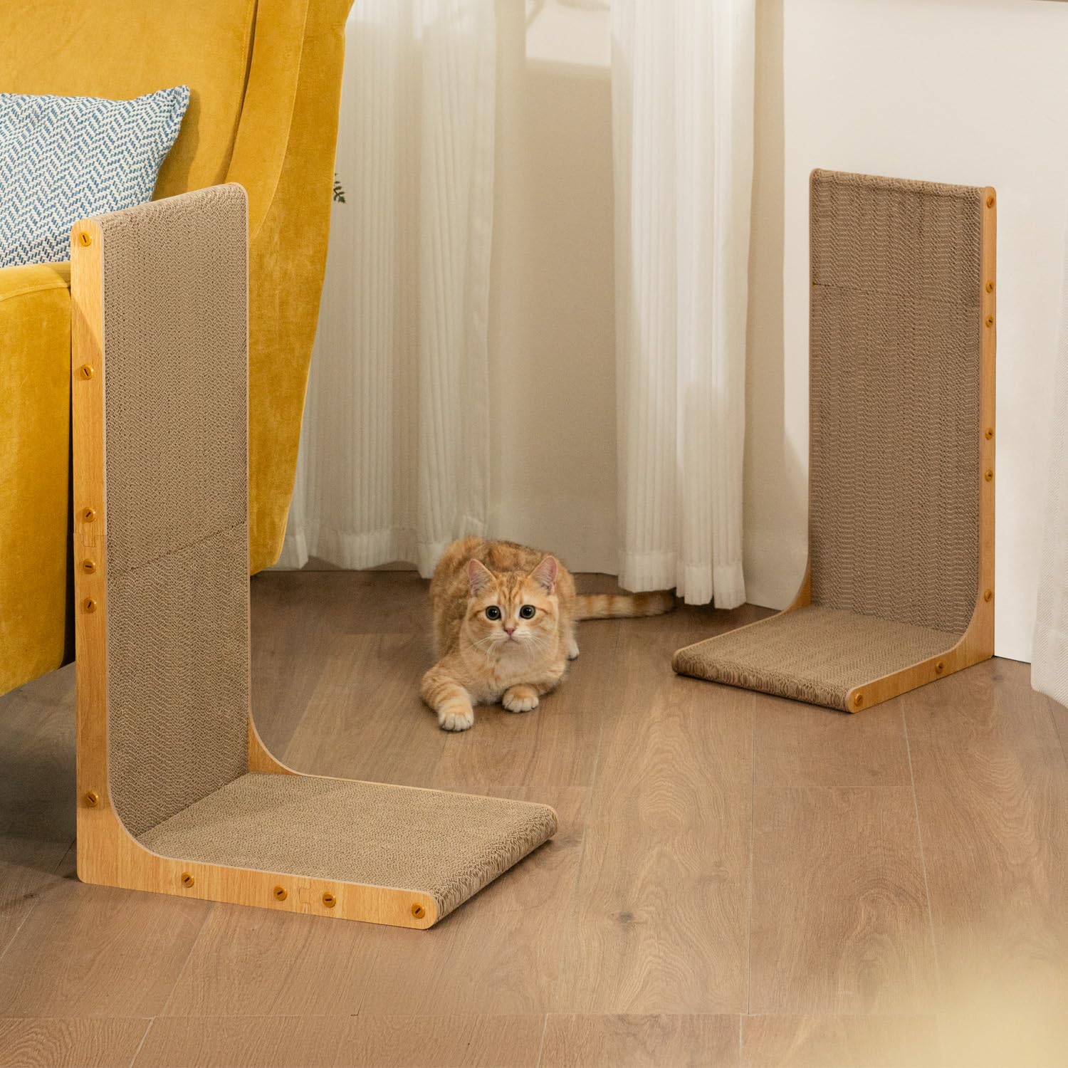 Conlun Cardboard Cat Scratcher,58 cm L Shape Scratch Pad Wall Mounted,Vertical Scratching Board, Durable Cardboard to Protect Furniture for Indoor Cats,Light Wood Large
