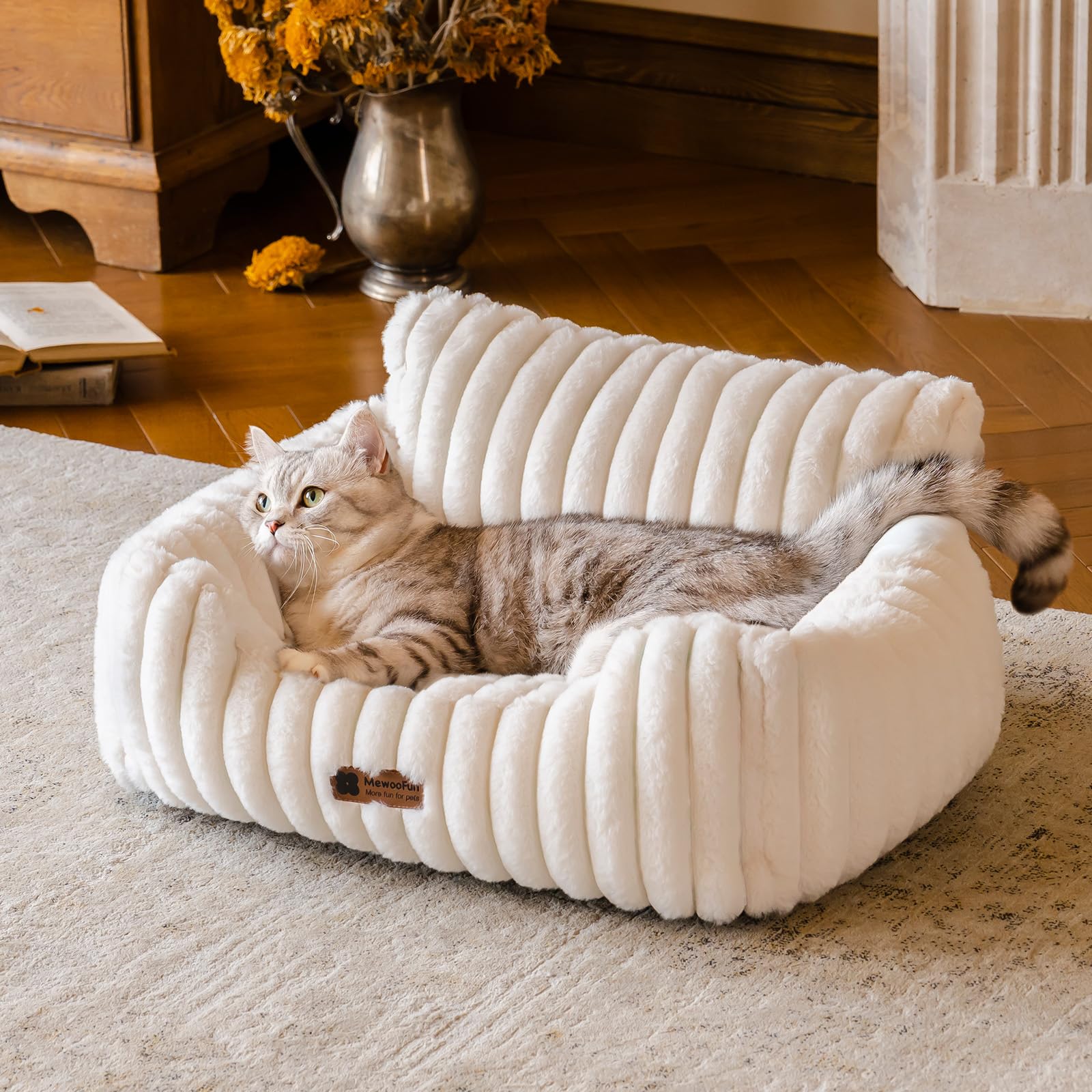 MEWOOFUN Dog Sofa Bed - Cat Beds for Indoor Cats Soft and Fluffy, Cat Sofa Bed Small Calming Dog Bed with Removable Washable Cover (Cream, 61x48x30)