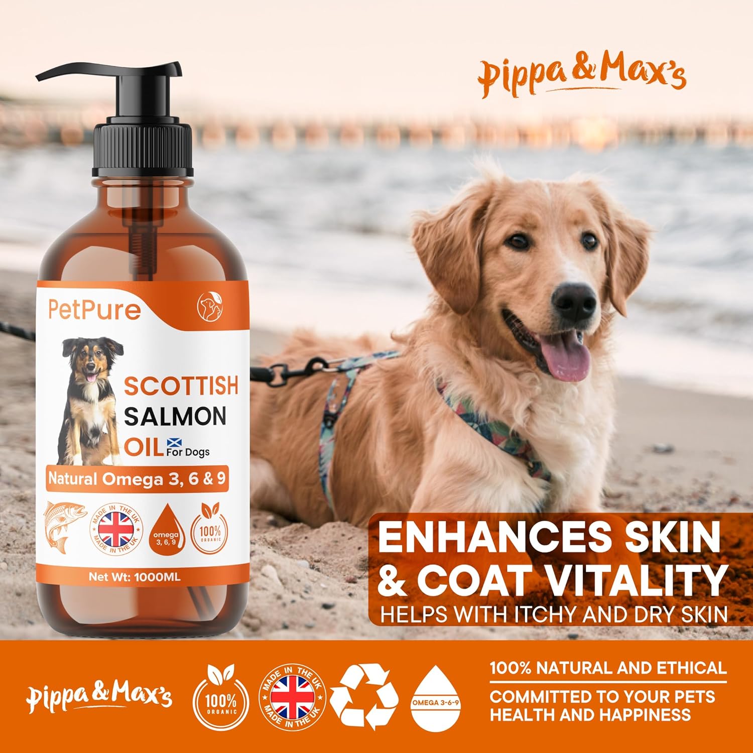 Pippa & Max Scottish Salmon Oil for Dogs & Pets (1ltr) - Pure Omega 3, 6 & 9 Fish Oil Liquid Supplement for Natural Coat, Immune Support, Skin Comfort, and Overall Health