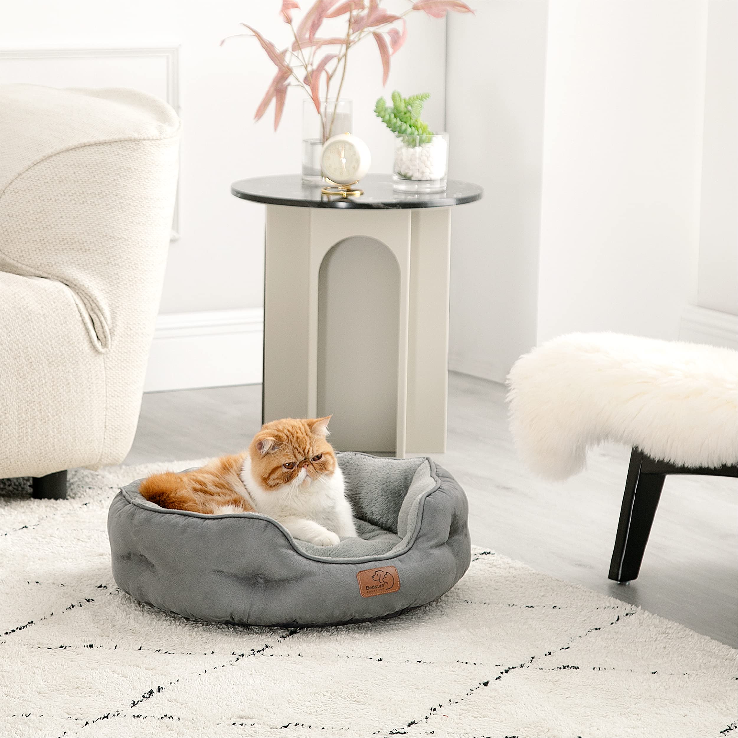 Bedsure Cat Bed for Indoor Cats - 51x48x15cm Round Washable Kitten Bed with Slip-Resistant Bottom and Reversible Cushion, Grey