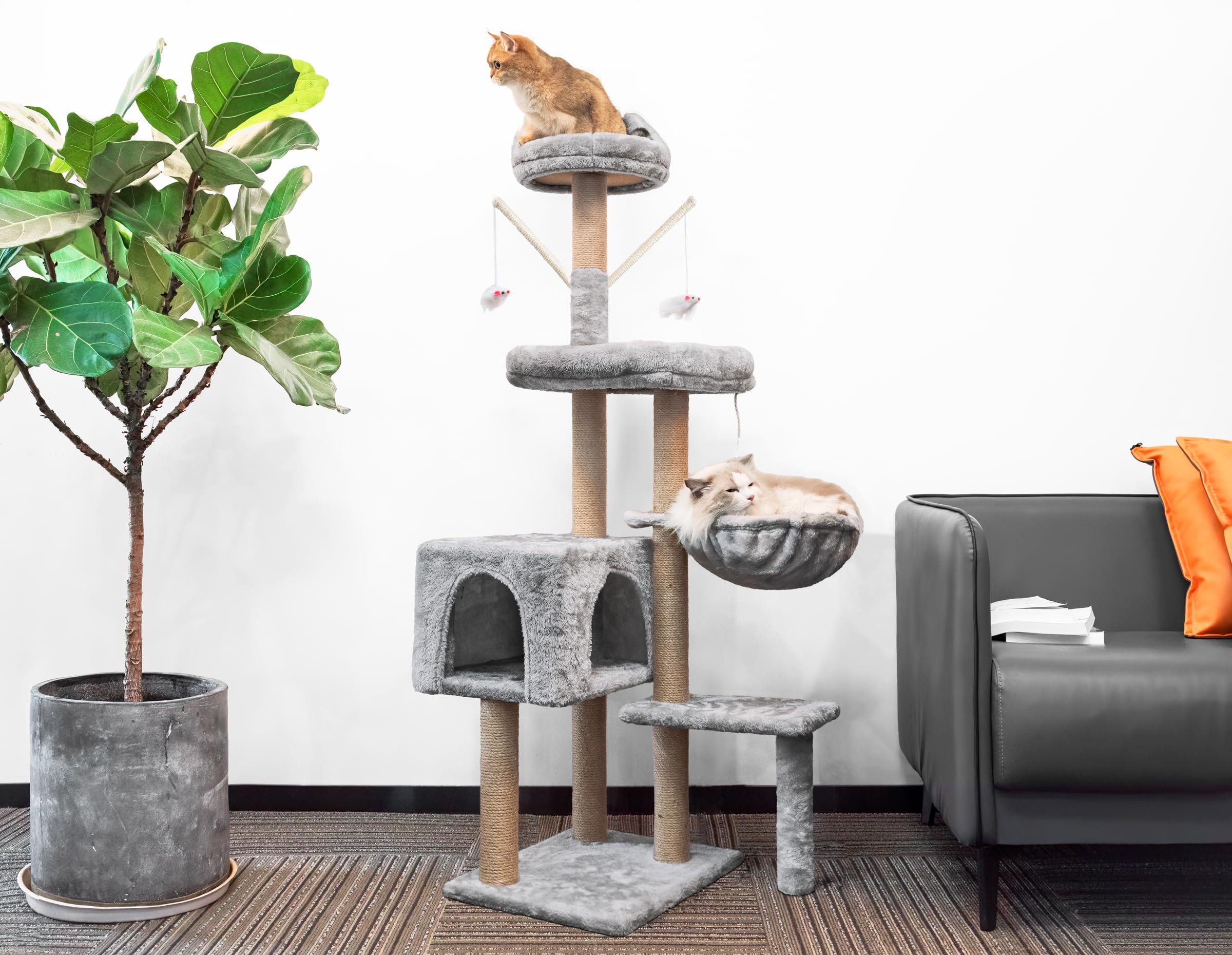 Cat Tree, 145cm Stable Cat Scratching Post for Indoor Cats, Multi-Level Cat Climbing Tower with Posts Fully Wrapped in Natural Sisal Rope, Suitable for Kitty Kitten