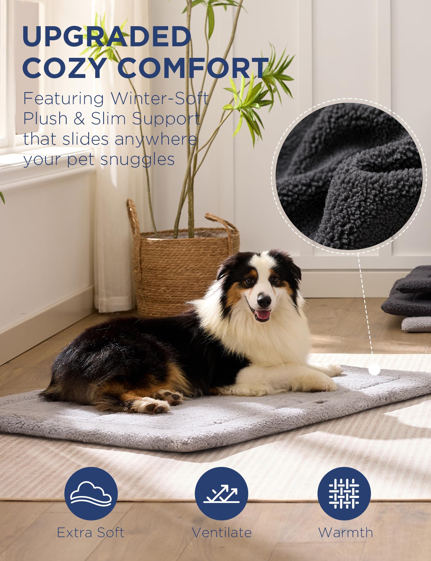 Joydeco Low-Profile Dog Mat Reversible Bed Pad, Washable Dog Crate Pad with Ultra Soft Fleece, Compact Design Kennel Bed Mats for Medium Small Pets, 74x53cm, Dark Grey