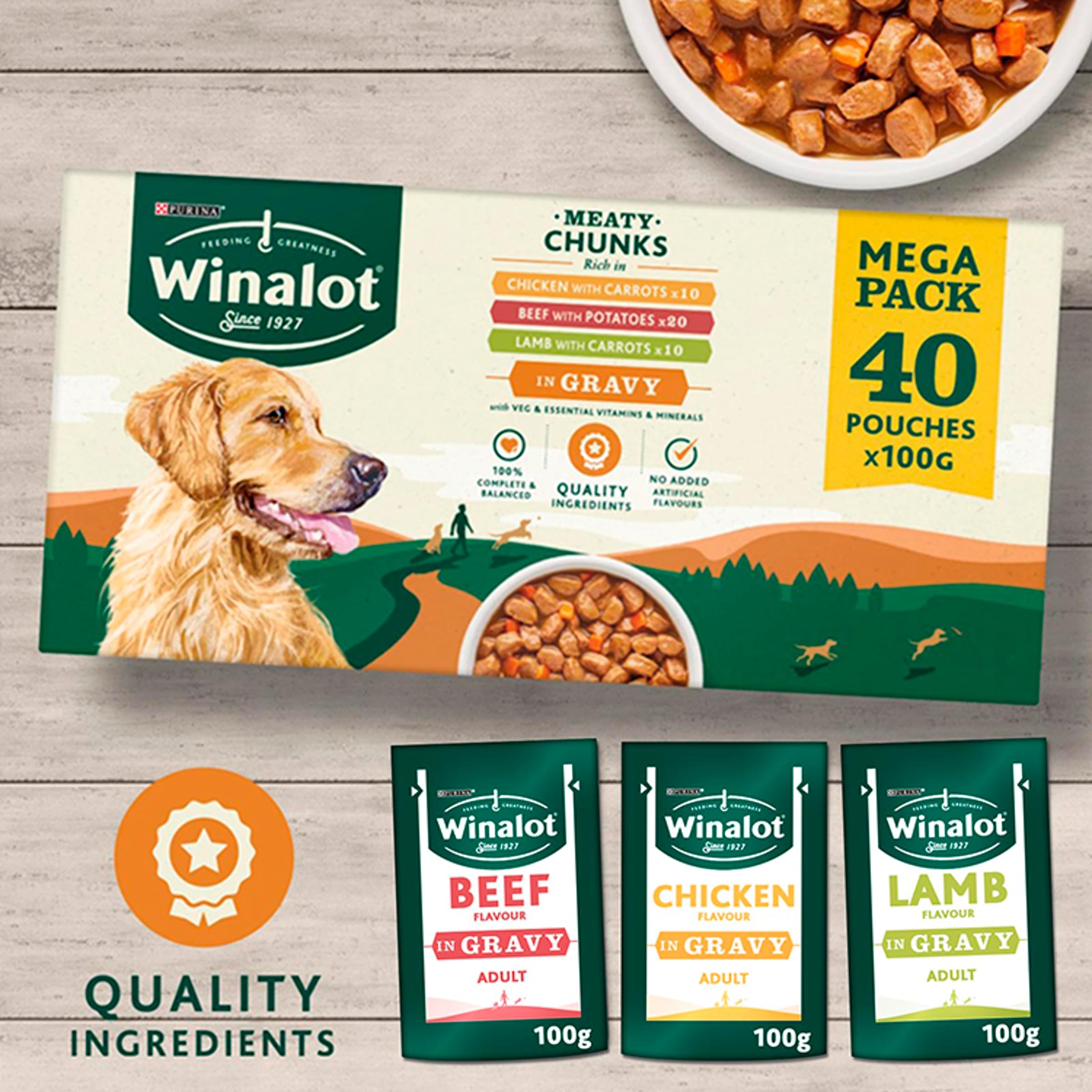 WINALOT Meaty Chunks Mixed in Gravy Wet Dog Food 40x100g