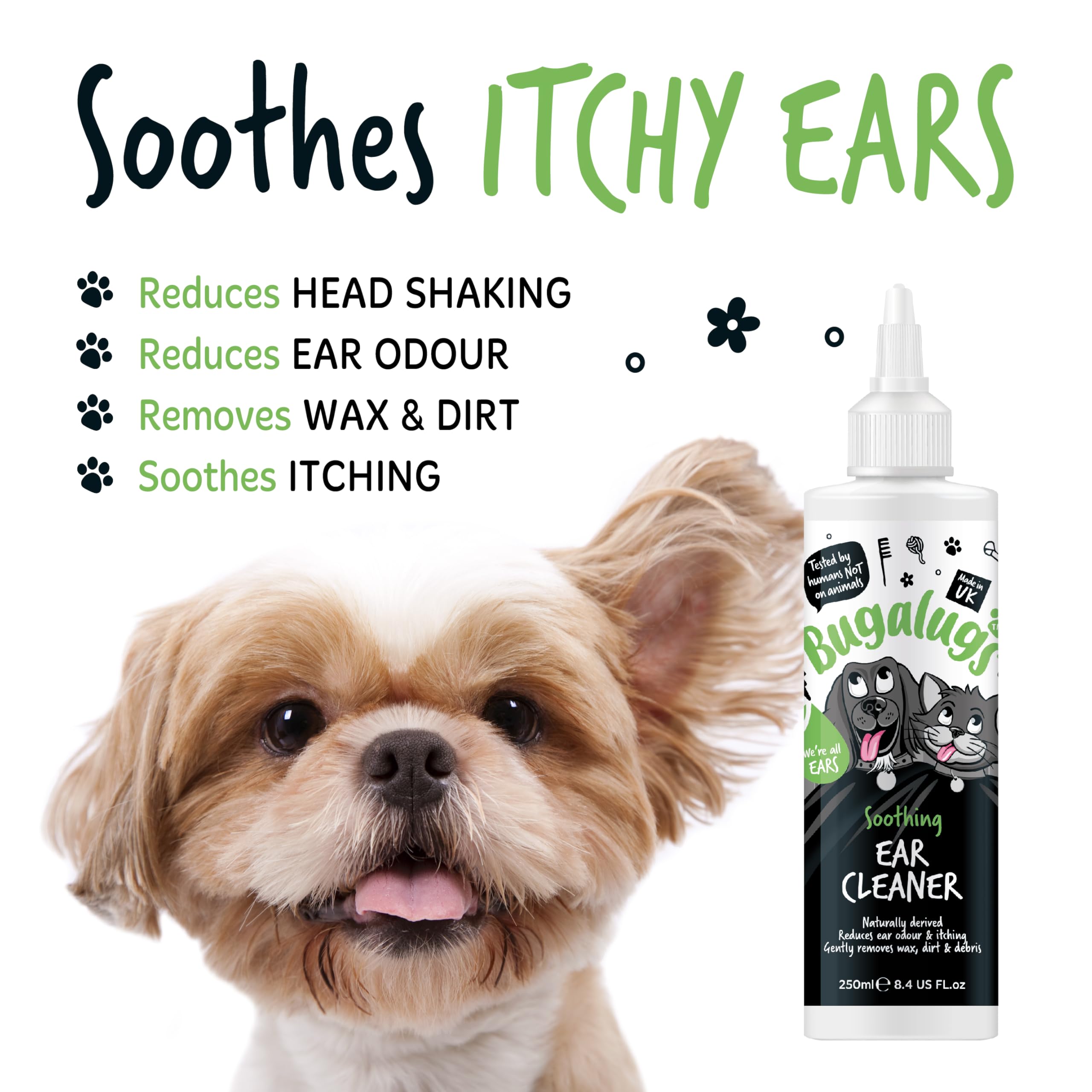 BUGALUGS Ear Cleaner, Dog & Cat Ear Cleaner Solution Softens & Removes Wax, Ear Hygiene, Non-Toxic Dog & Cat Ear Drops, Alcohol-Free Stop Head Shaking with Easy Applicator (250ml)