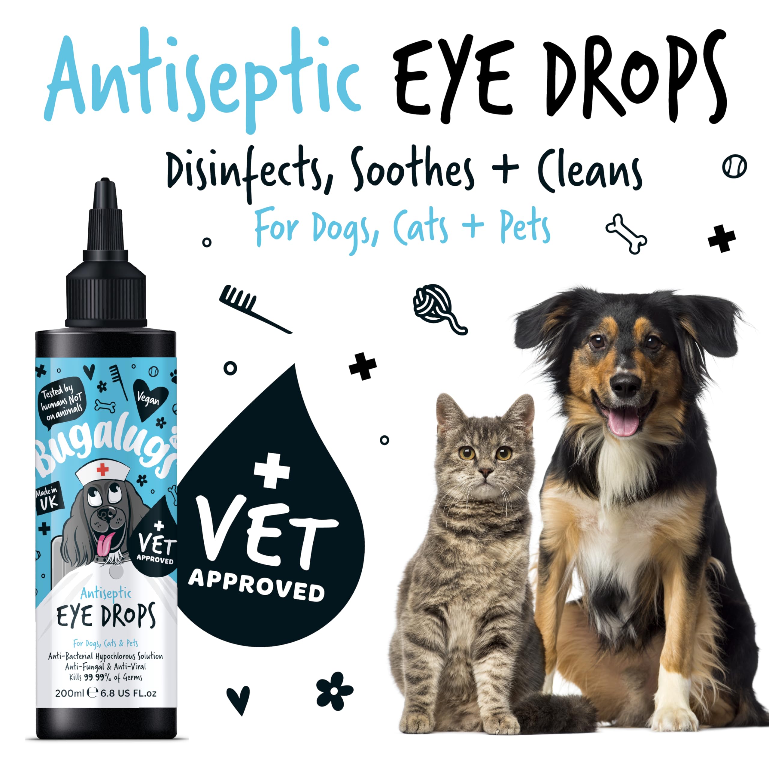 BUGALUGS Dog Eye Drops 200ml, Antiseptic eye drops for dogs, puppy, cats & animals. Antibacterial helps dry, itchy, irritated, gunky & tear stain eyes. Eye Wash Cleaner