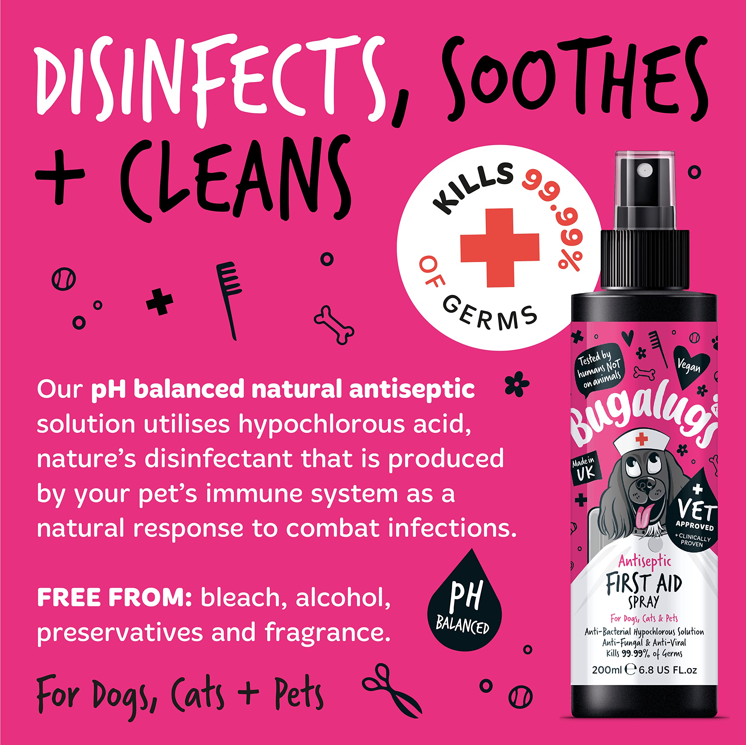 BUGALUGS First Aid Pet Antiseptic spray for dogs, puppy & cats 200ml - Antibacterial, Antiviral, Antifungal spray for cuts, wounds & itchy skin