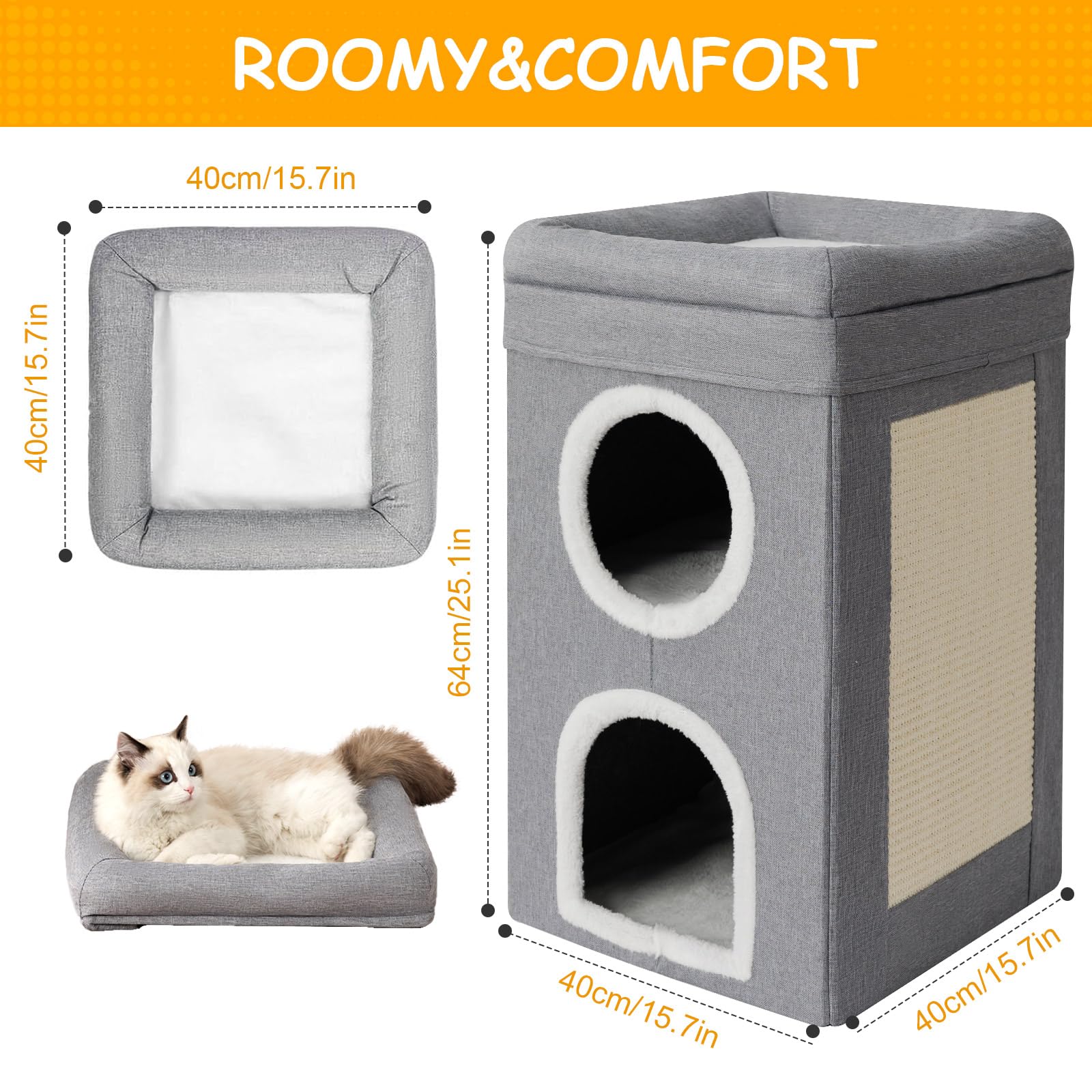 FURRYPAWS Cat House Indoor 2 Layer Cats Cave with Scratching Board, Multi-Level Kitten Bed for Indoor Cats, Cozy Cat Igloo Bed with Soft Velvet Spacious for Small & Medium Pets Grey