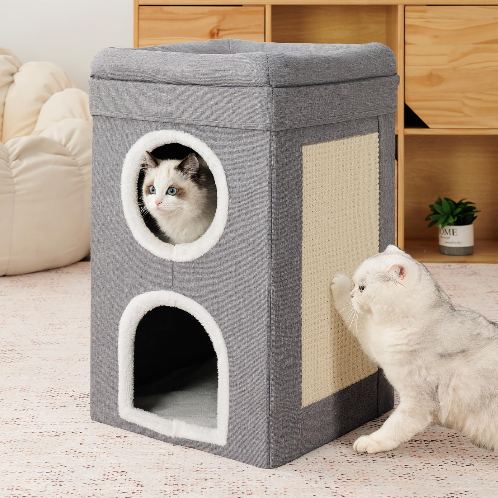 FURRYPAWS Cat House Indoor 2 Layer Cats Cave with Scratching Board, Multi-Level Kitten Bed for Indoor Cats, Cozy Cat Igloo Bed with Soft Velvet Spacious for Small & Medium Pets Grey