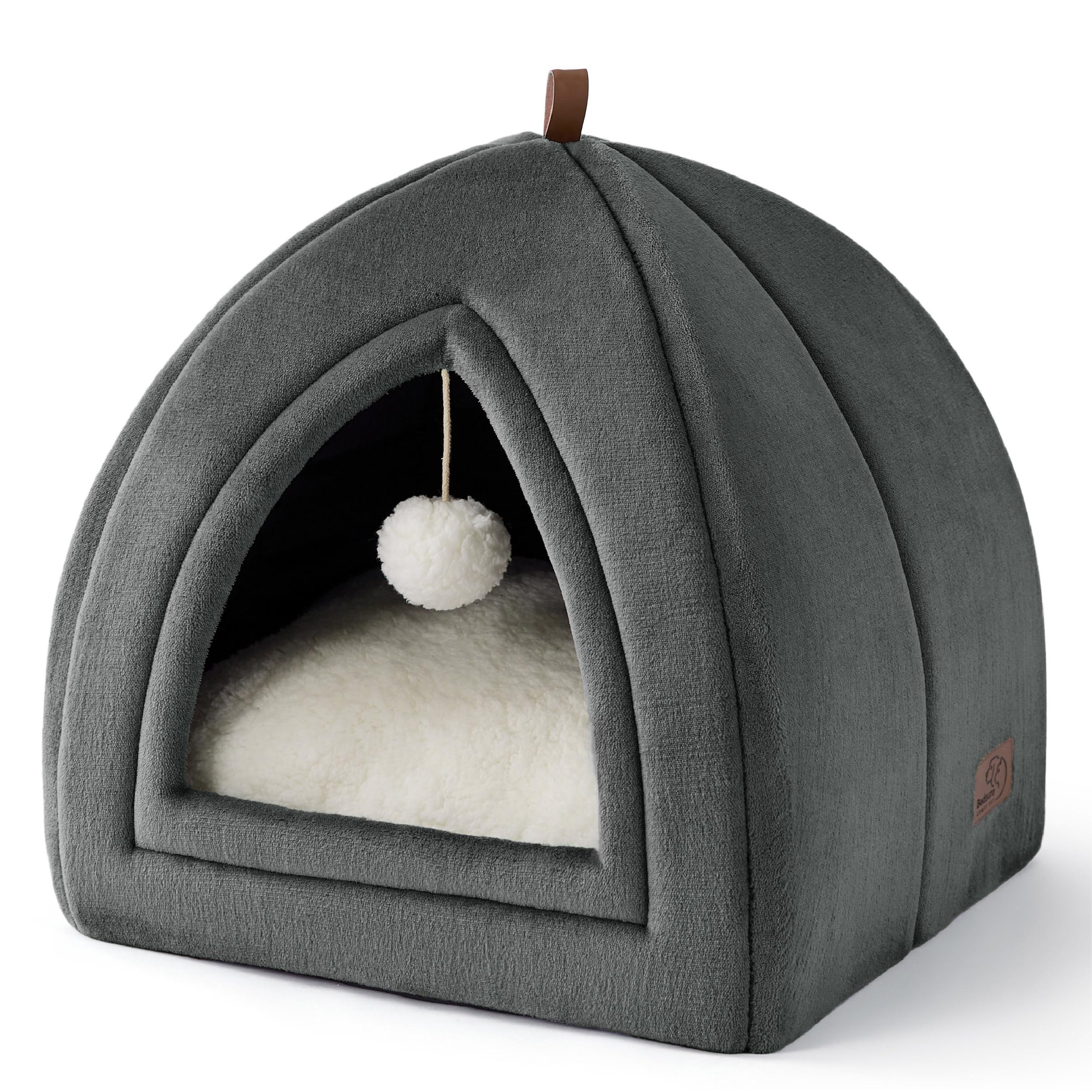 Bedsure Cat Cave Bed Indoor - Flannel Hooded Cat Igloo House, 40x40x40cm Enclosed Foldable Pet Bed with Removable Washable Cushion Pillow, Dark Grey