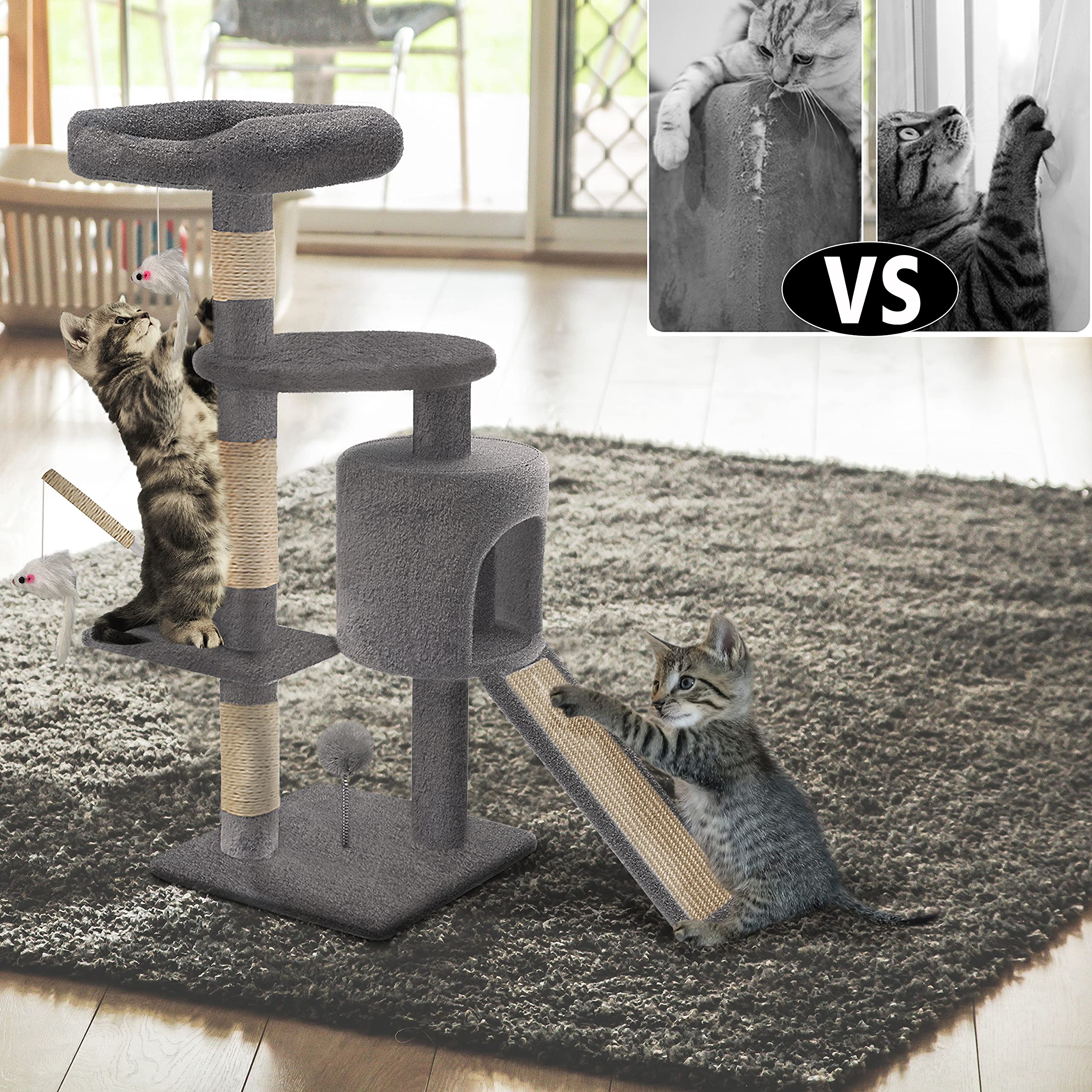 VOUNOT Cat Tree Tower, Cat Condo with Sisal Scratching Post, Multi Level Cat Climbing Frame Indoors, Cat Activity Tree, Grey, XL