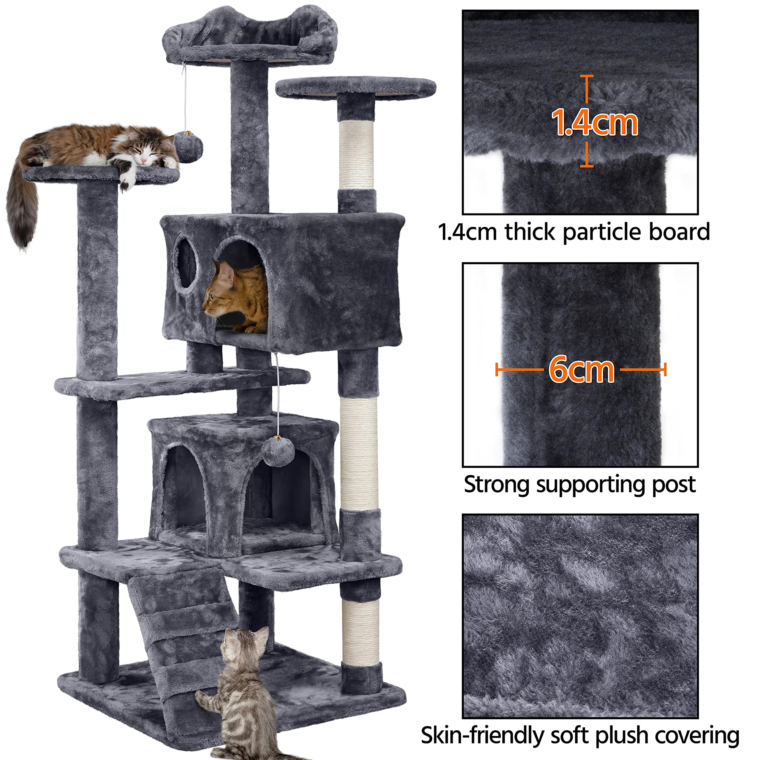 Yaheetech 138.5cm Cat Tree Tower Scratching Posts Multilevel Cat Climbing House with Condos & Ladder Pet Activity Centre for Indoor Kittens, Dark Grey