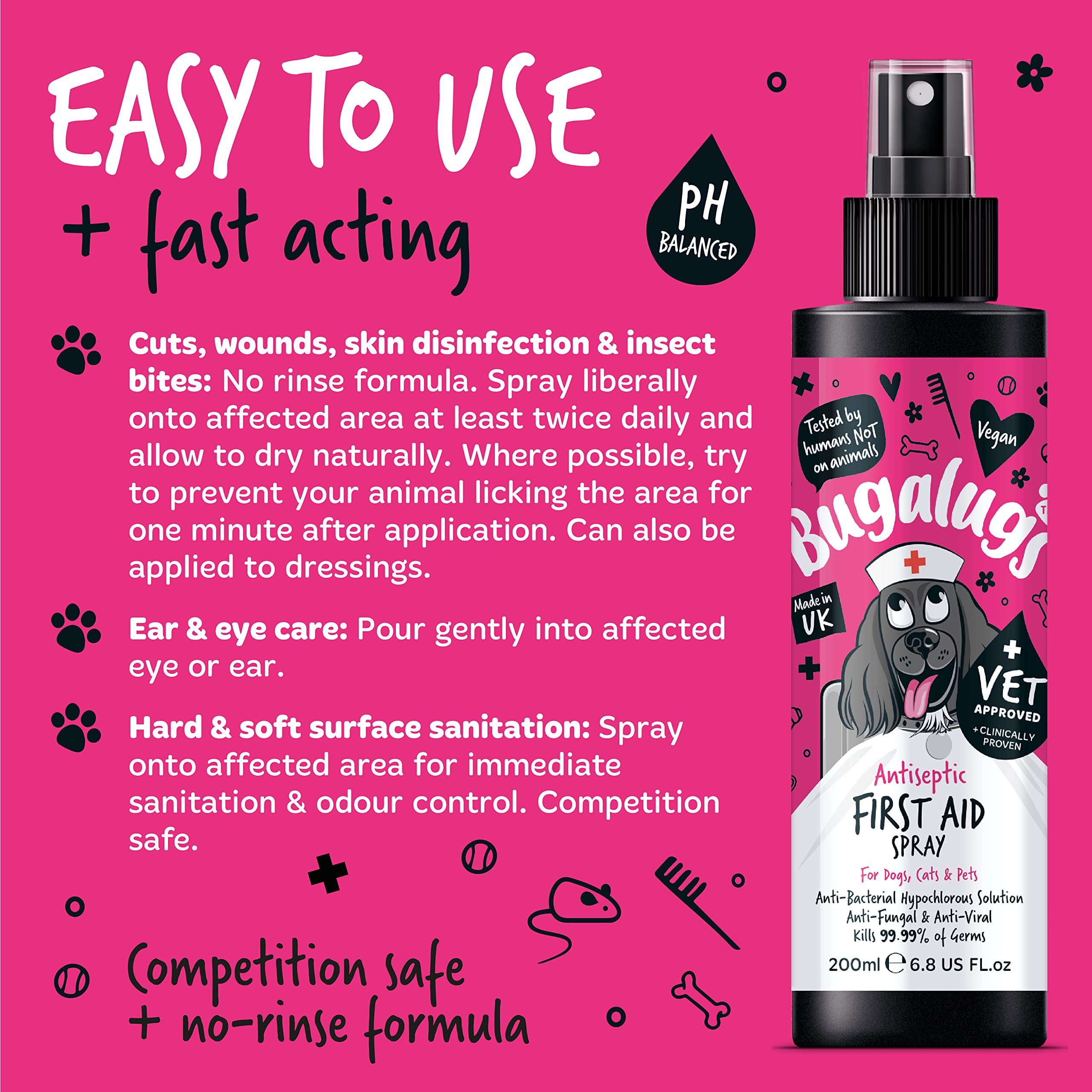 BUGALUGS First Aid Pet Antiseptic spray for dogs, puppy & cats 200ml - Antibacterial, Antiviral, Antifungal spray for cuts, wounds & itchy skin