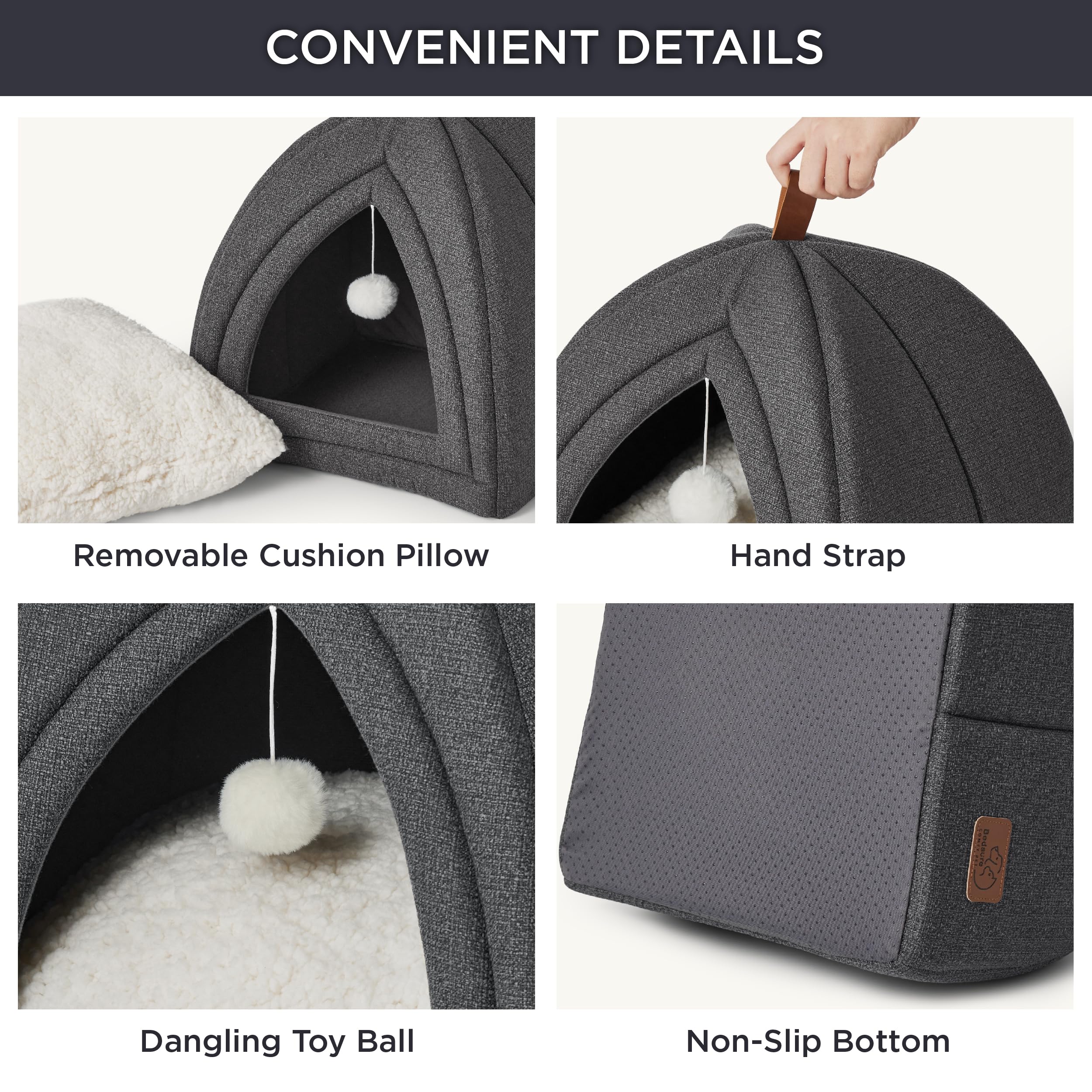 Bedsure Cat Cave Bed Igloo - Cat Tent Bed House with Removable Washable Cushion Pillow Foldable Portable Pet Bed,Dark Grey, 40x40x40cm