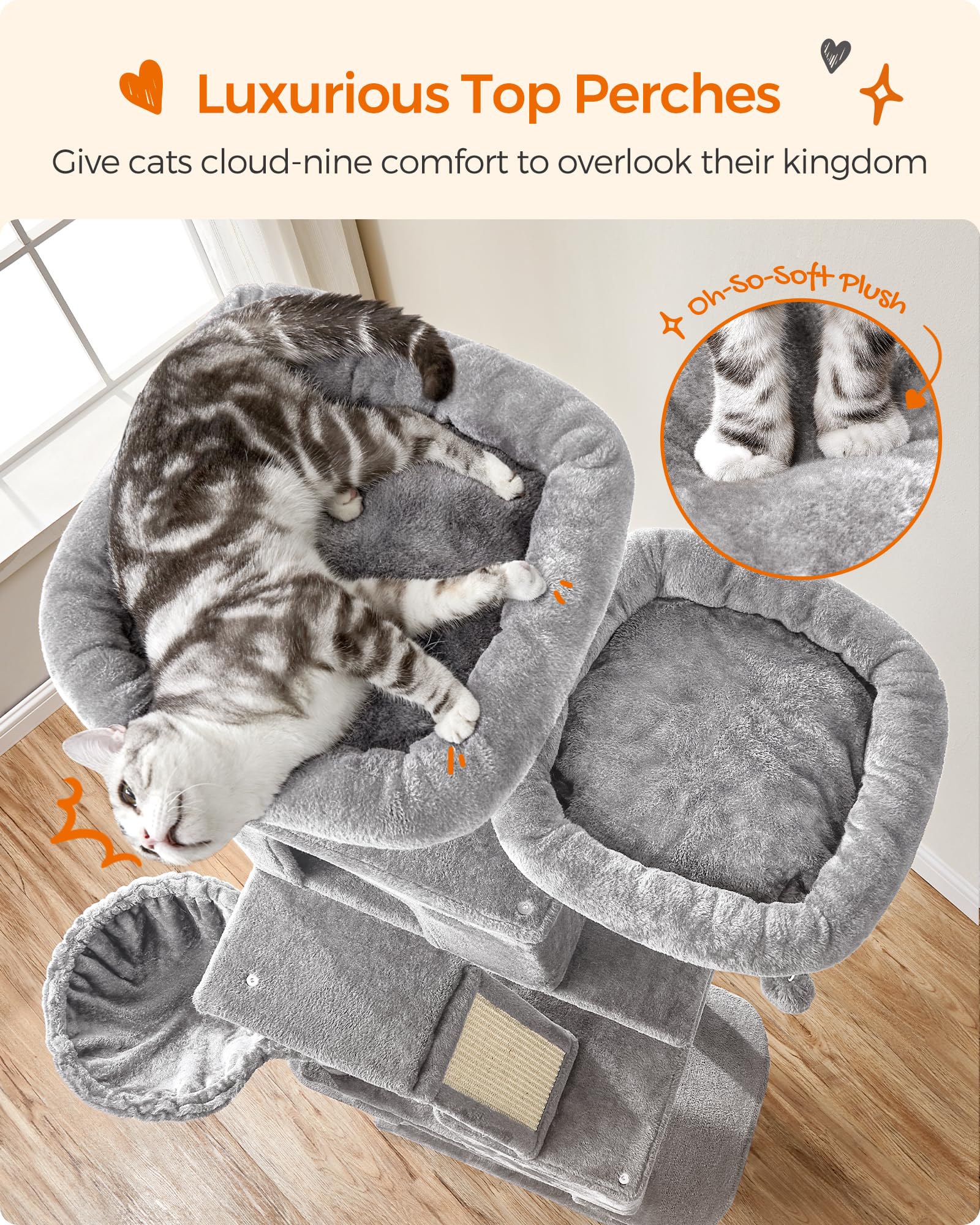 FEANDREA Cat Tree, 206 cm Large Cat Tower with 13 Scratching Posts, 1 Scratching Ramp, 2 Perches, 2 Caves, Basket, Hammock, Pompoms, Multi-Level Plush Cat Condo for Indoor Cats, Light Grey